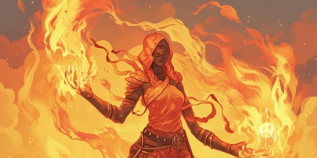 A cel shaded female fire elemental who is the ruler of ther desert casting 5e fire bolt
