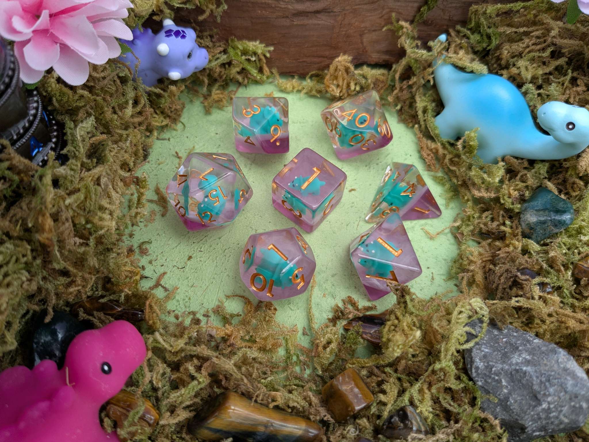 Turquoise Triceratops Inclusion Dice Set
