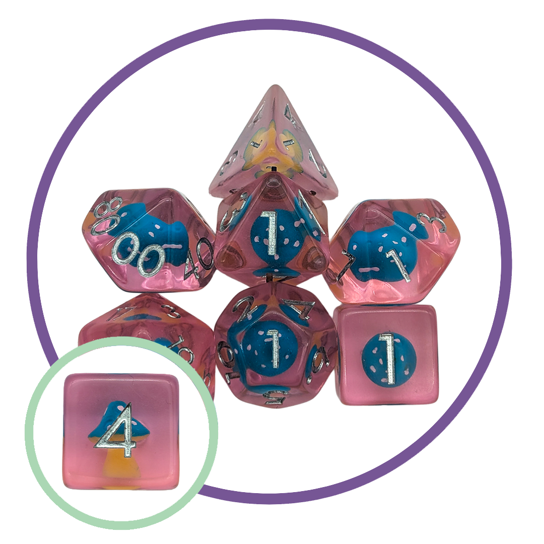 Pink with Blue Mushroom Dice Set