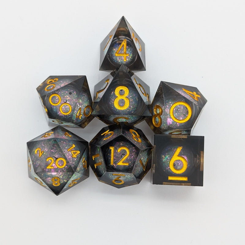 Black Liquid Core Shimmer Dice with Gold Numbering