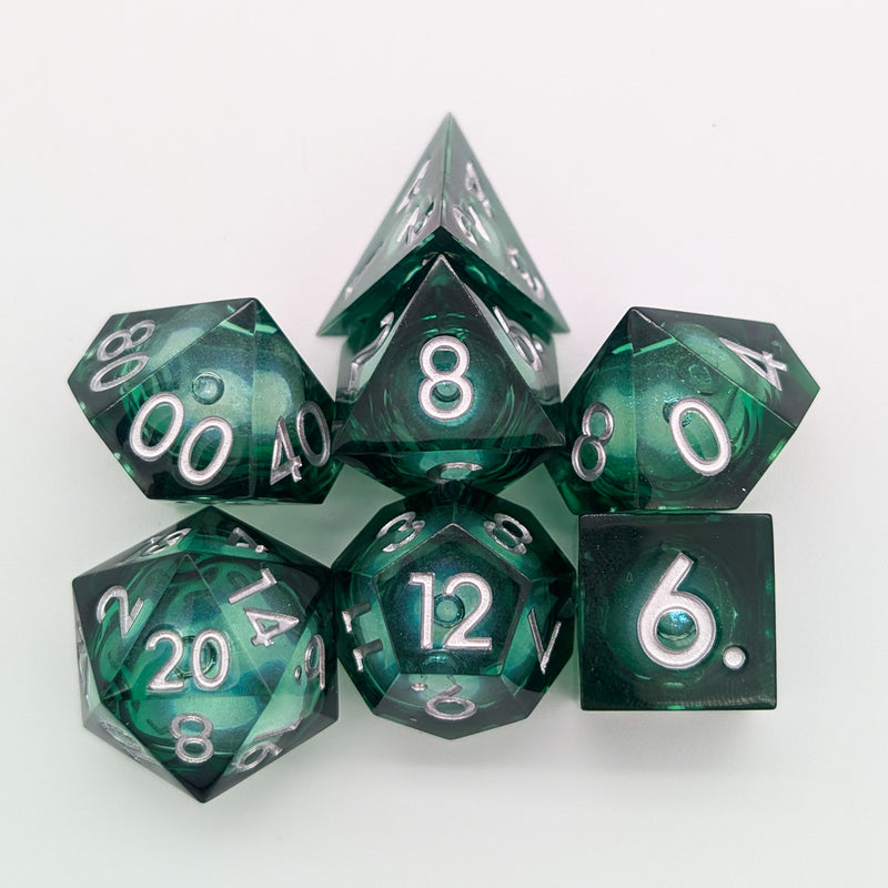 Shimmer Green and Silver Liquid Core Dice Set