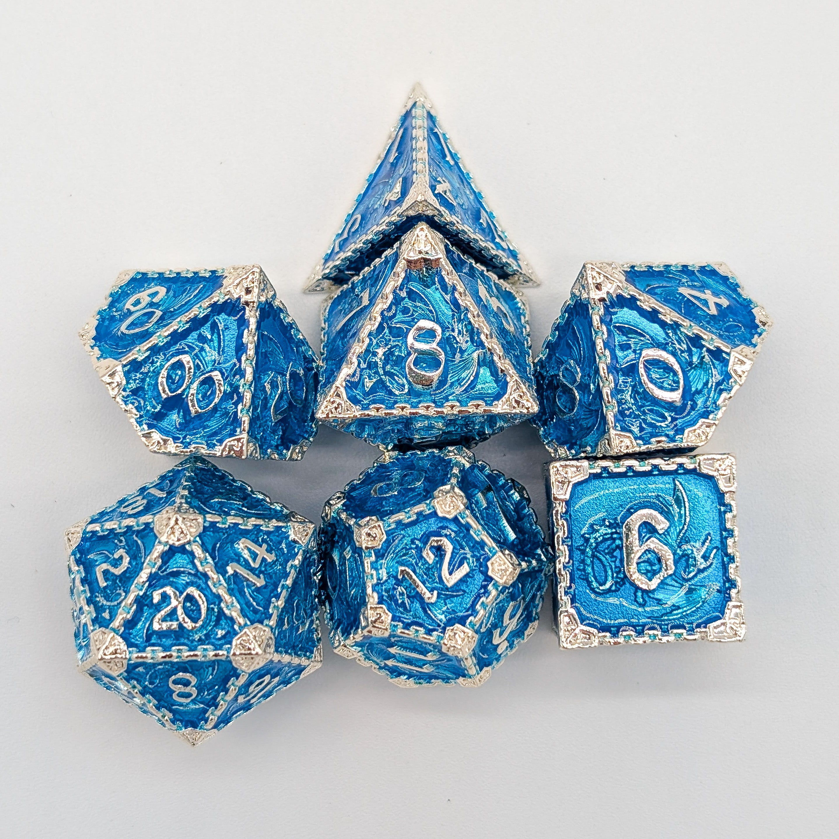 Dragon Blue and Silver Metal Core Dice Set