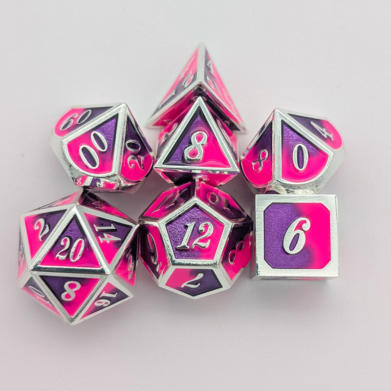 Dual Tone Pink Purple and Silver Metal Core Dice Set