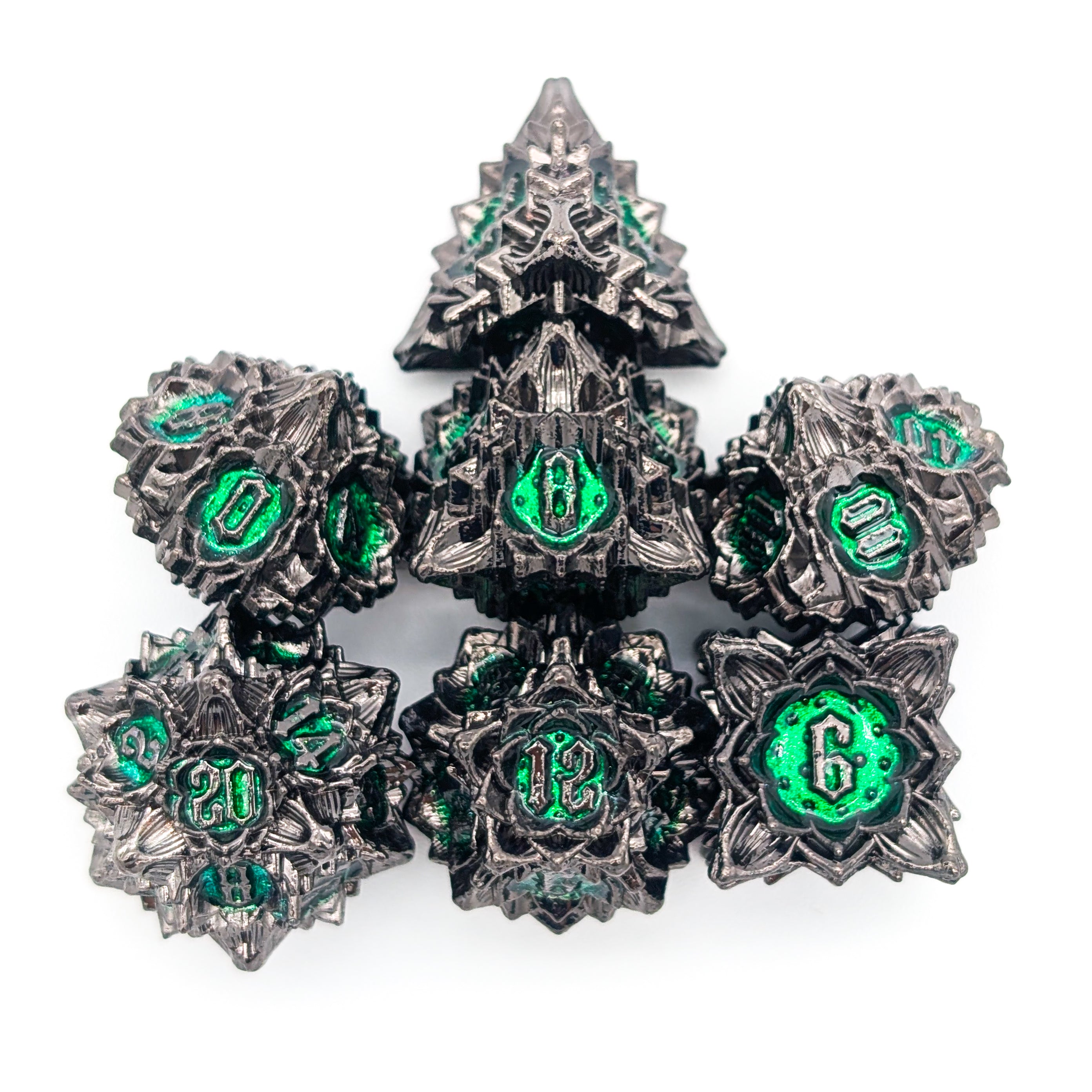 Flower Black and Green Metal Core Dice Set