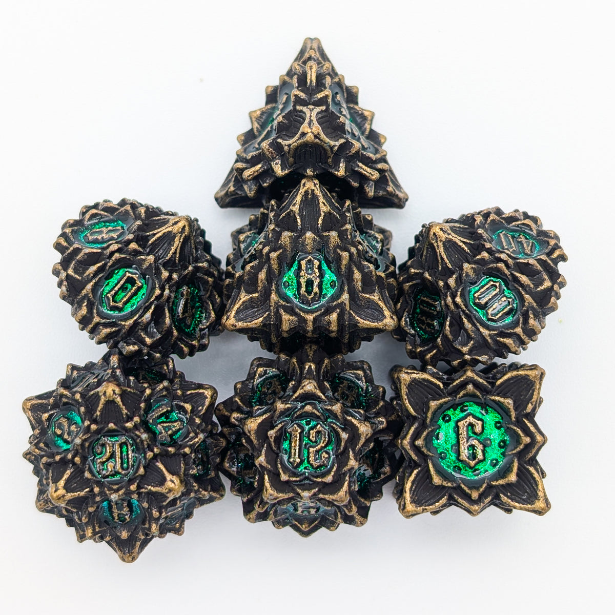 Flower Brass and Green Metal Core Dice Set