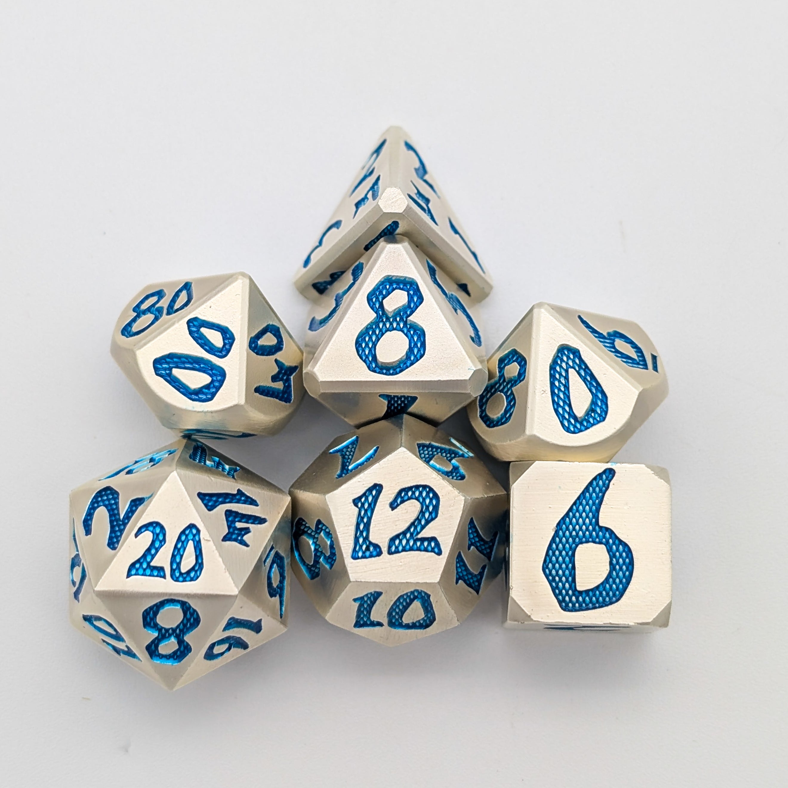 Large Number Silver and Blue Metal Core Dice Set