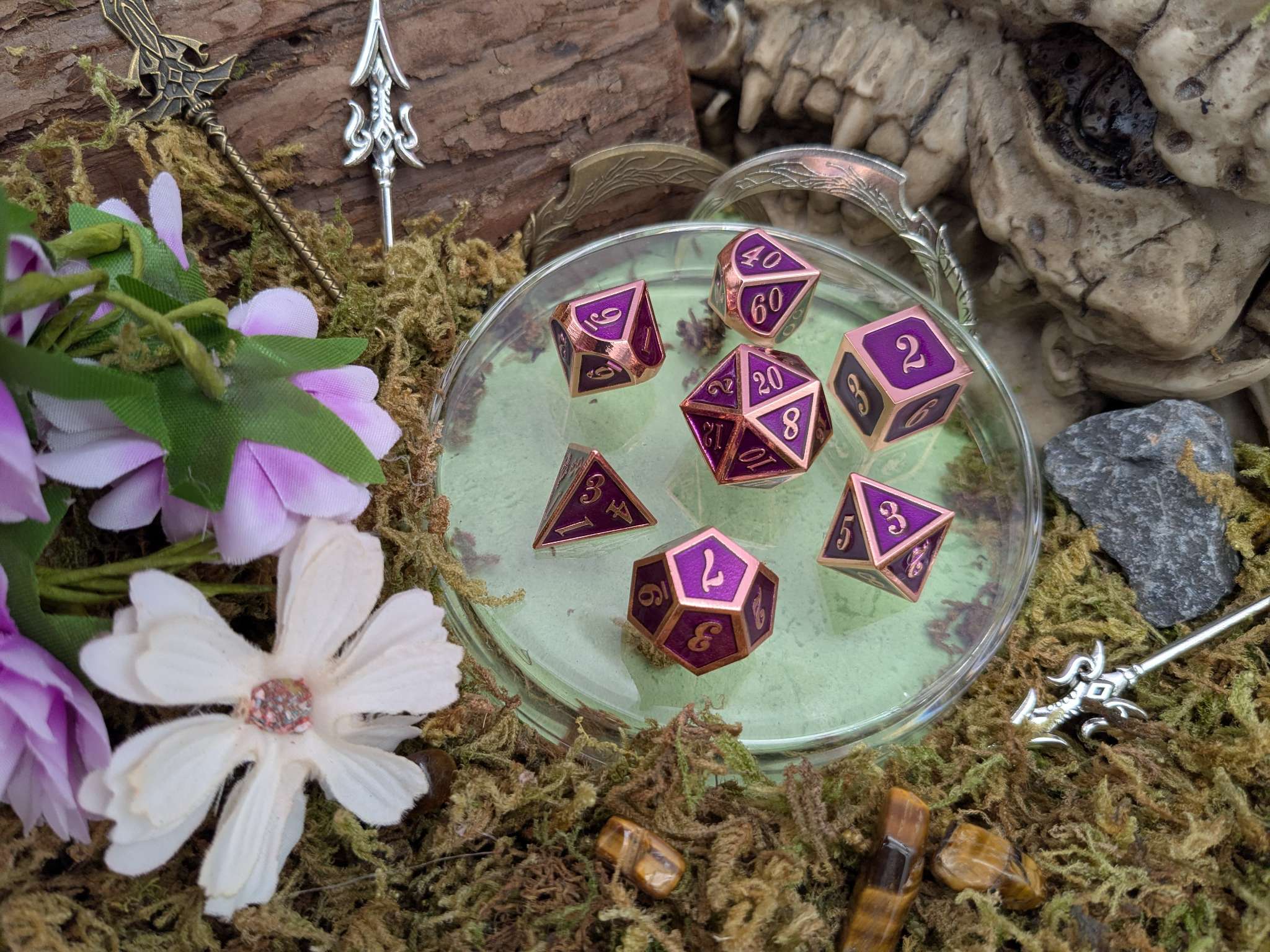 Purple and Rose Gold Metal Dice Set