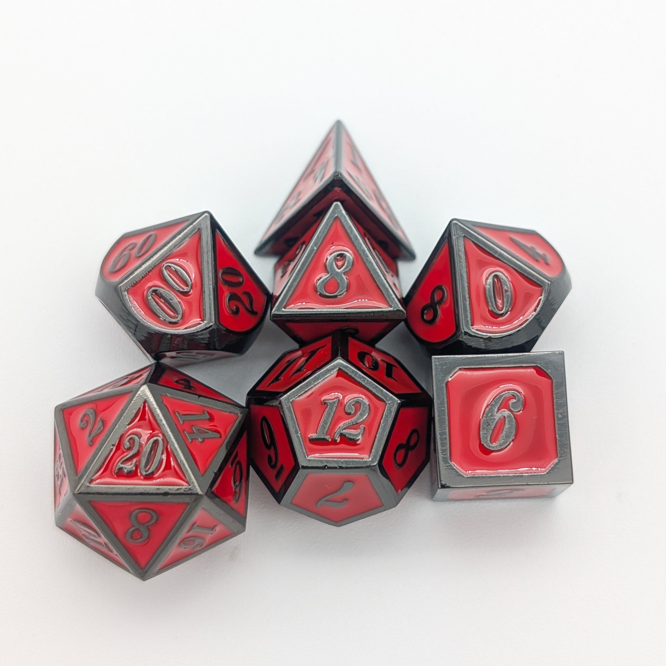 Red with Black outline Metal Dice Set