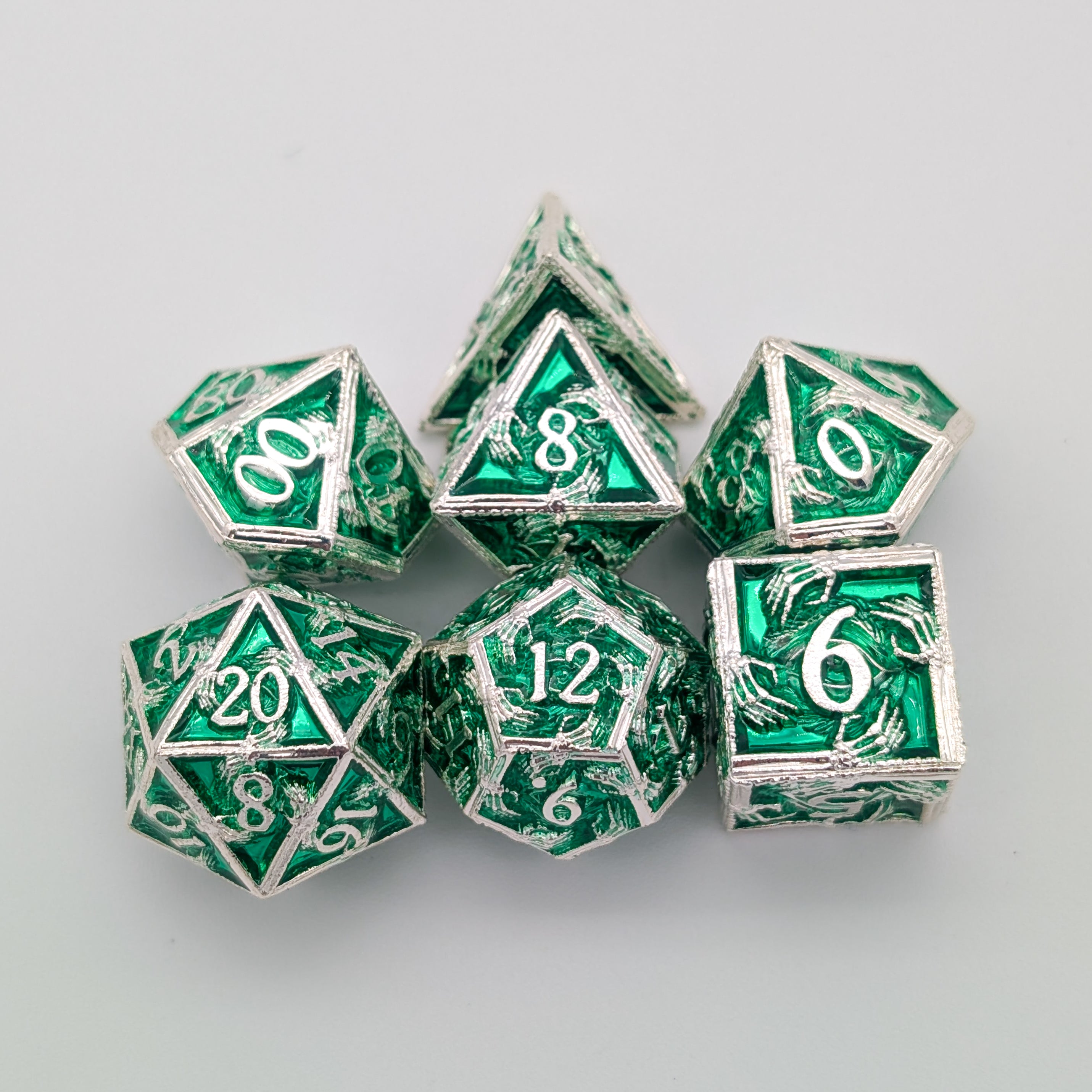 Skeleton Green and Silver Metal Core Dice Set