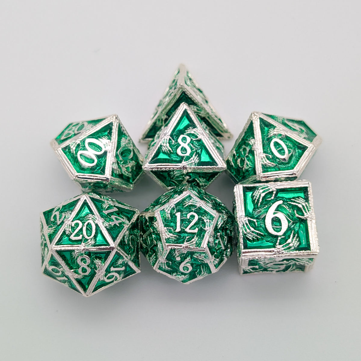Skeleton Green and Silver Metal Core Dice Set