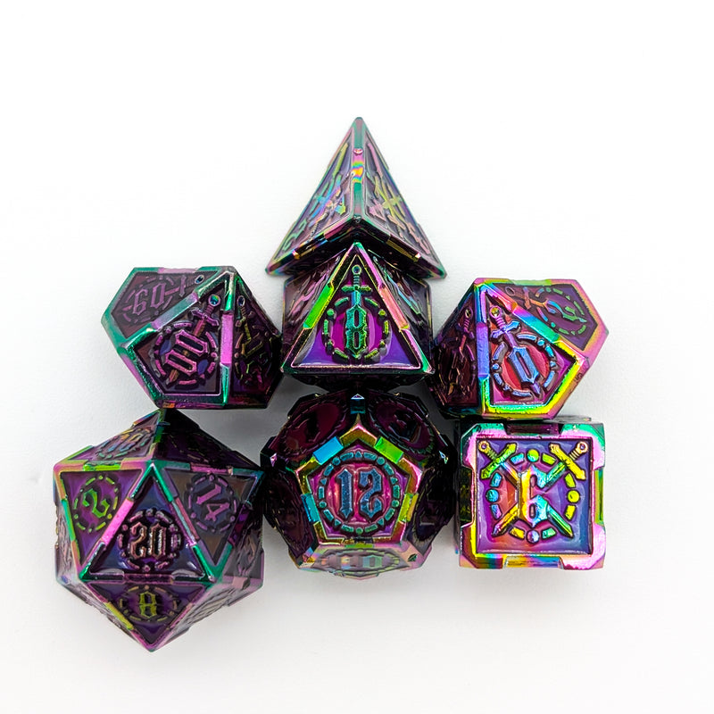 Swords Red and Rainbow Metal Core Dice Set