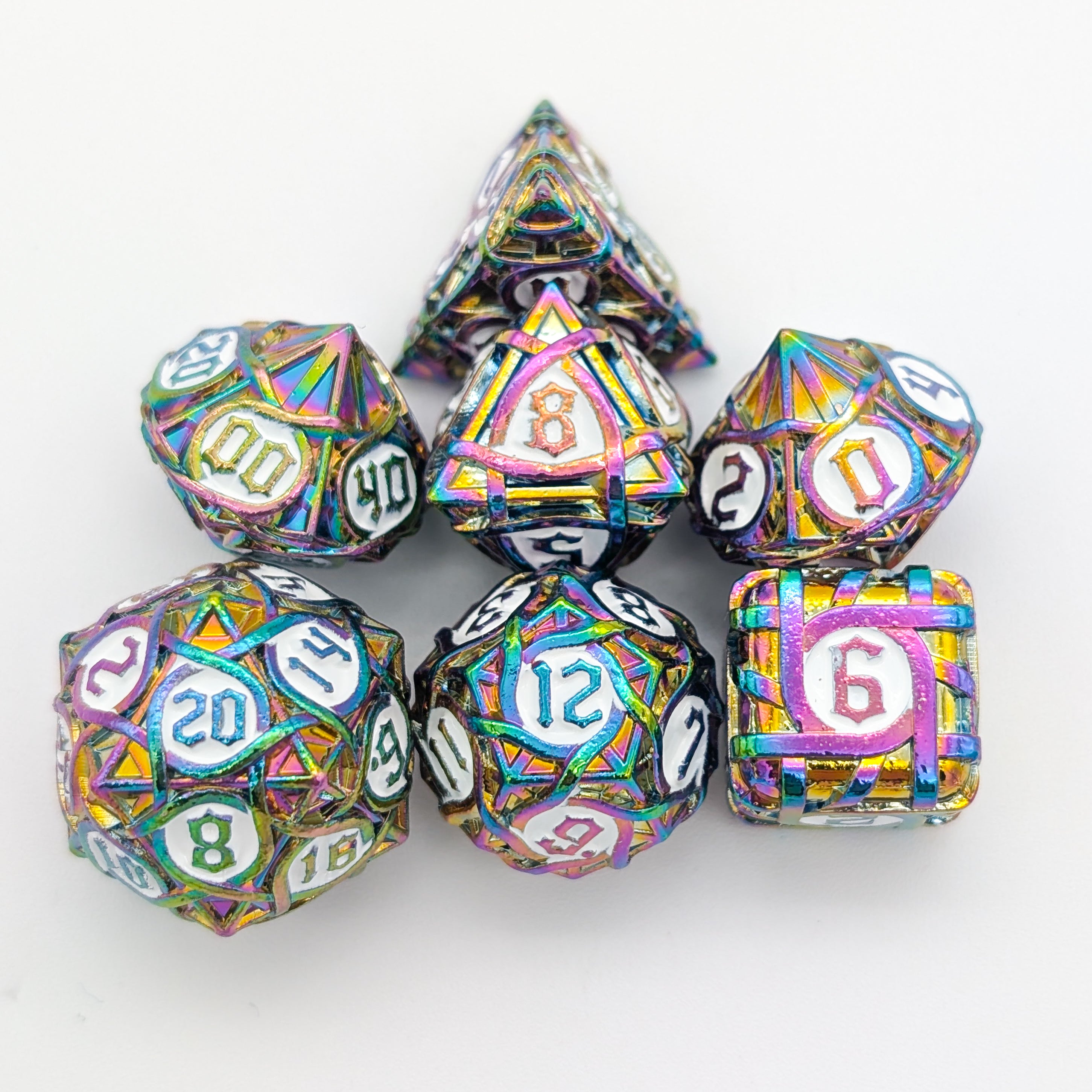 Thorns Rainbow and White Metal Core Dice Set