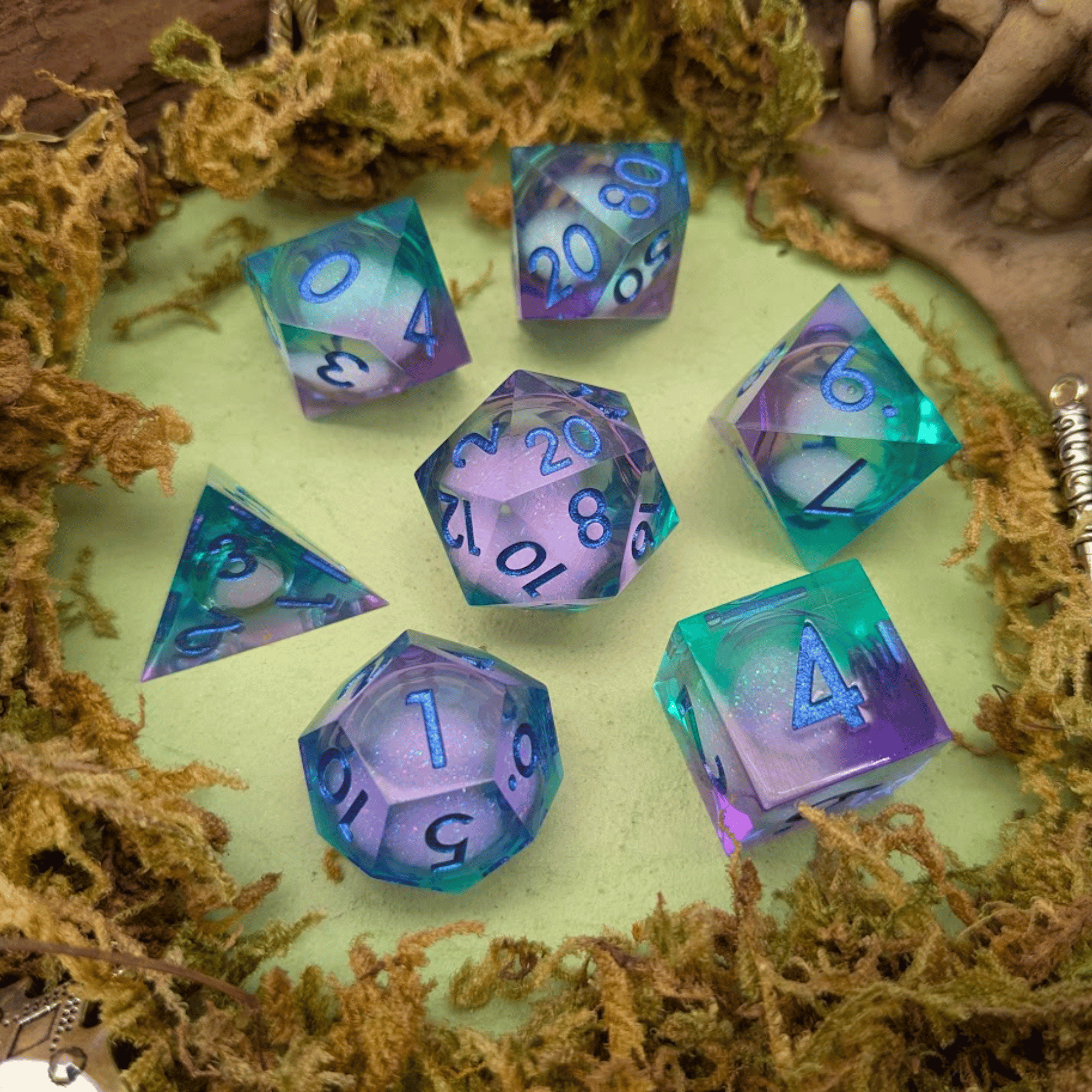 Shimmer Blue and Purple Liquid Core Dice Set