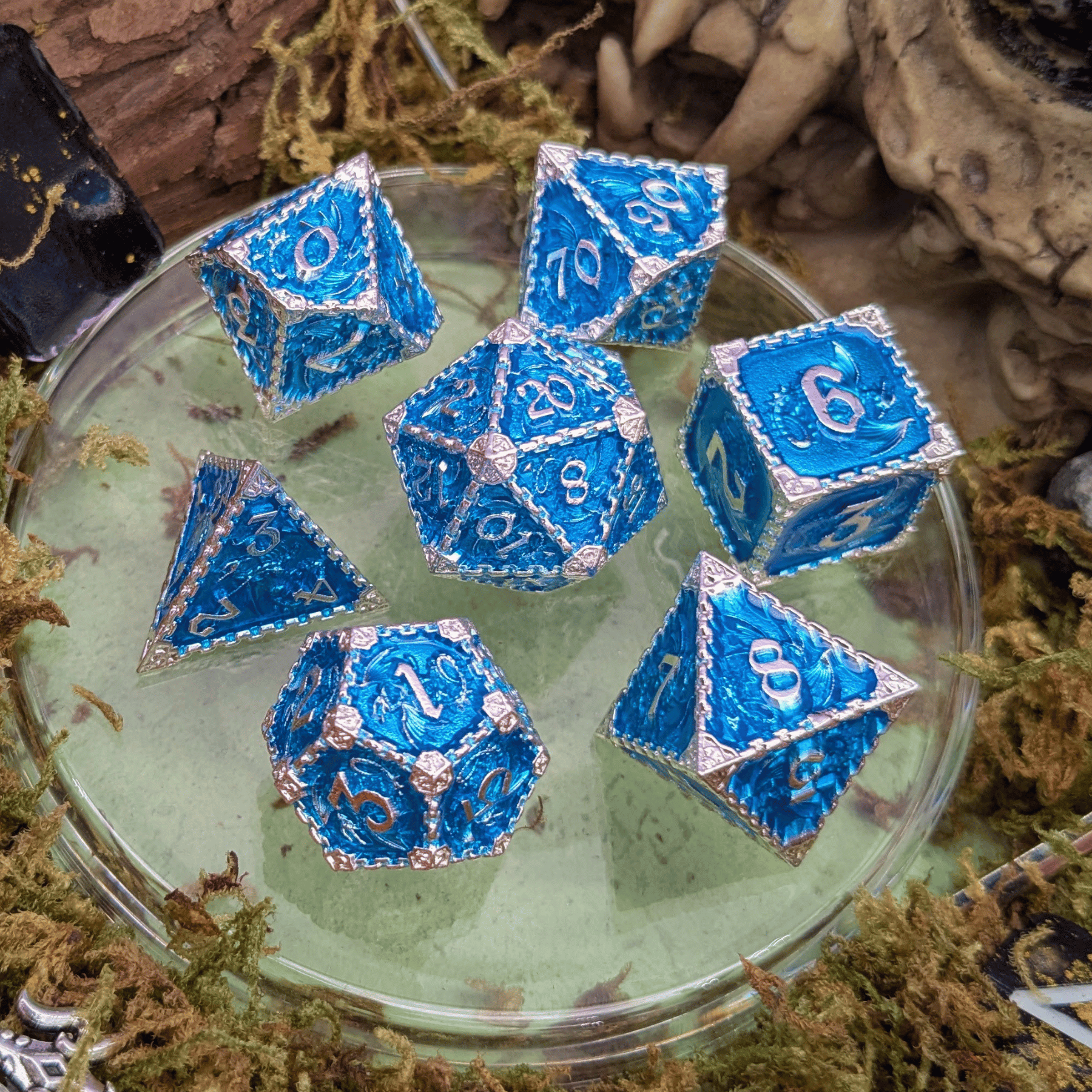 Dragon Blue and Silver Metal Core Dice Set