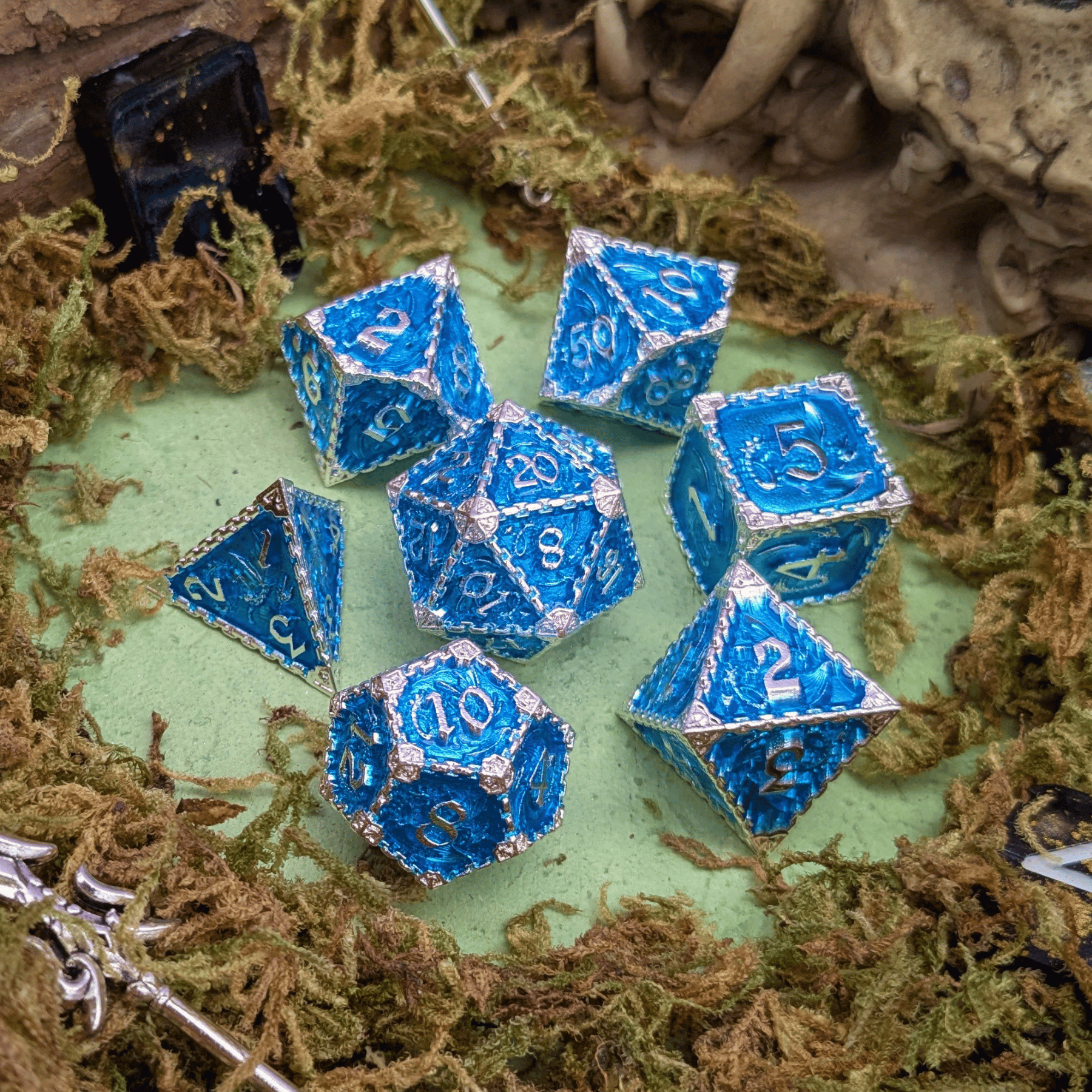 Dragon Blue and Silver Metal Core Dice Set