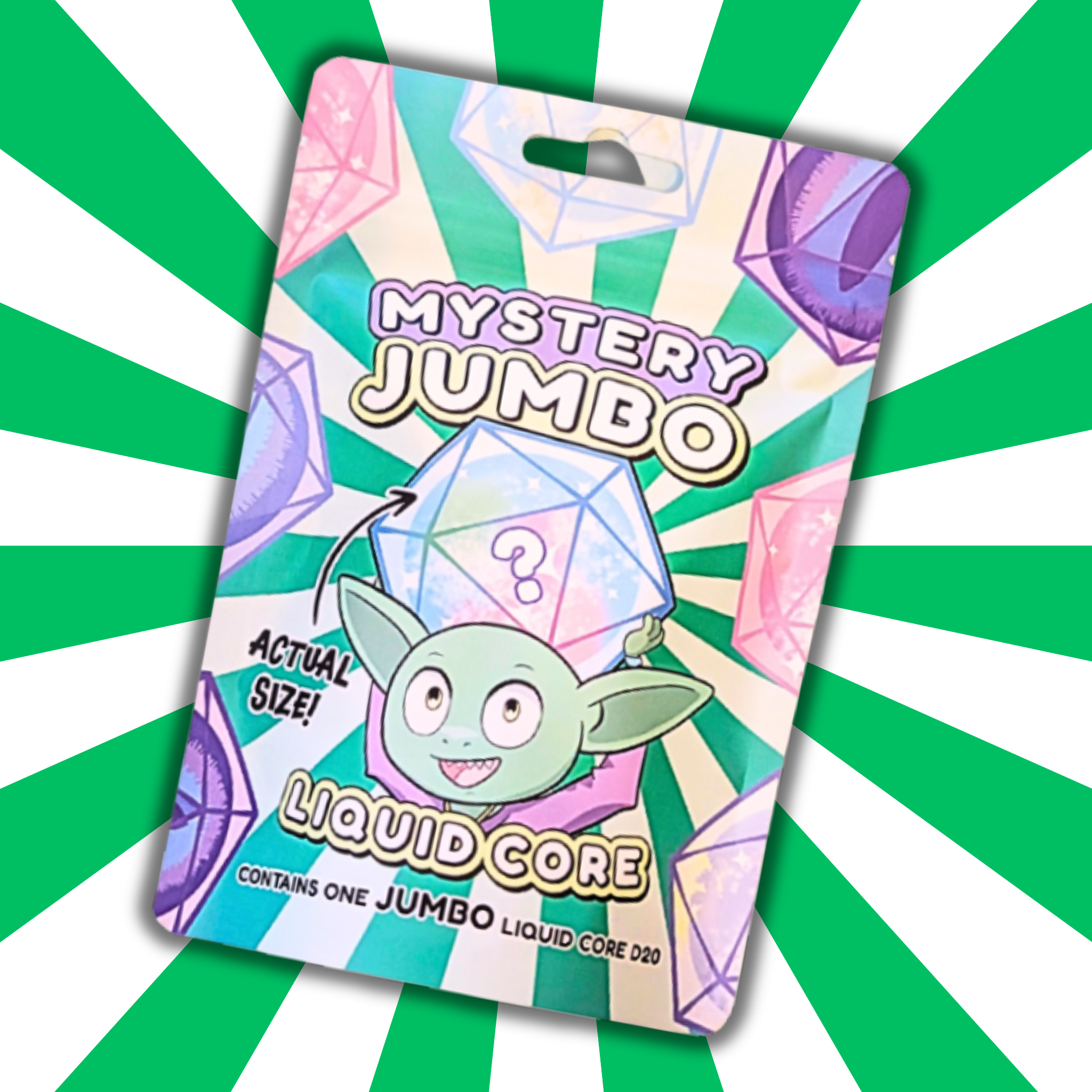 Mystery Jumbo Liquid Core packaging with cartoon character on a green and white striped background