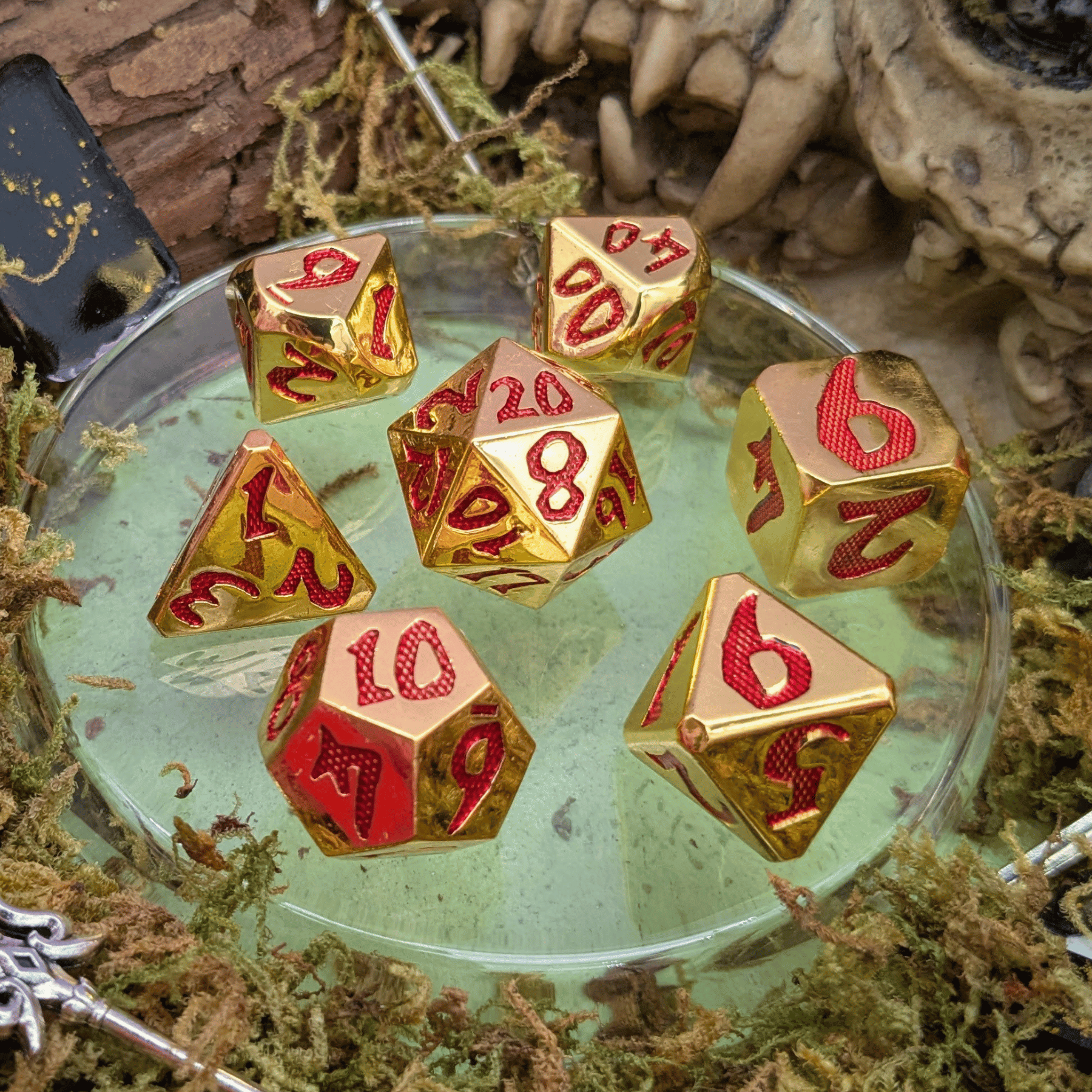 Large Number Gold and Red Metal Core Dice Set