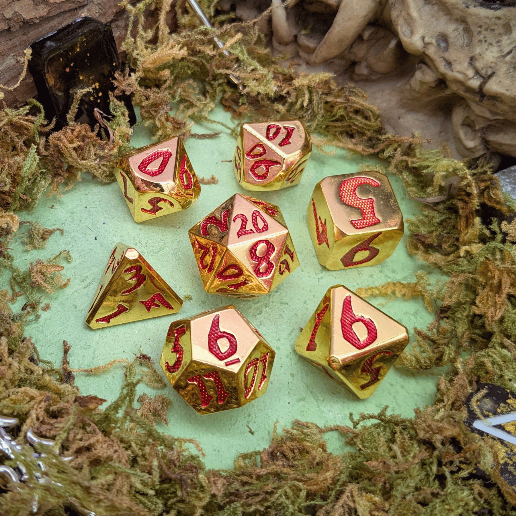 Large Number Gold and Red Metal Core Dice Set