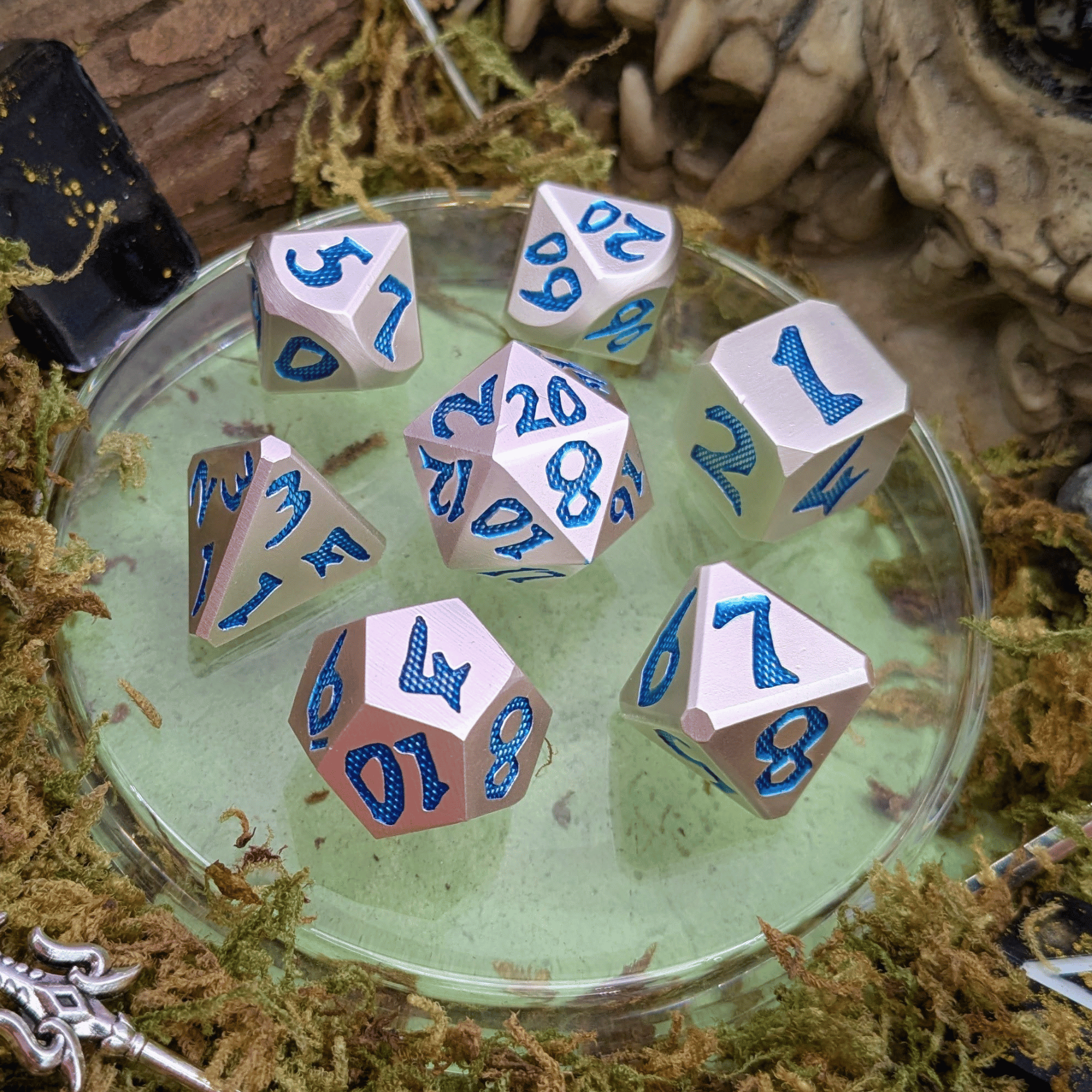 Large Number Silver and Blue Metal Core Dice Set
