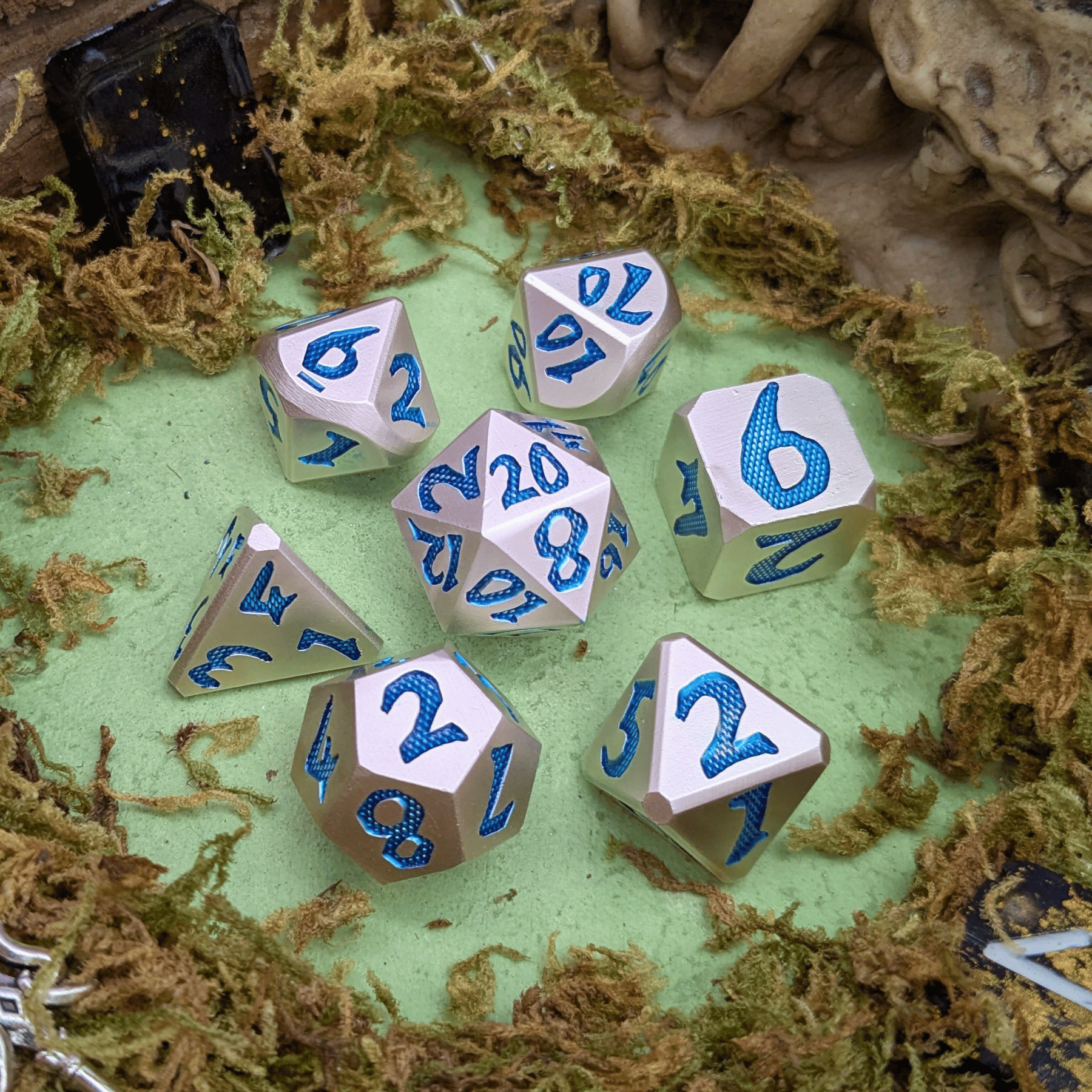 Large Number Silver and Blue Metal Core Dice Set