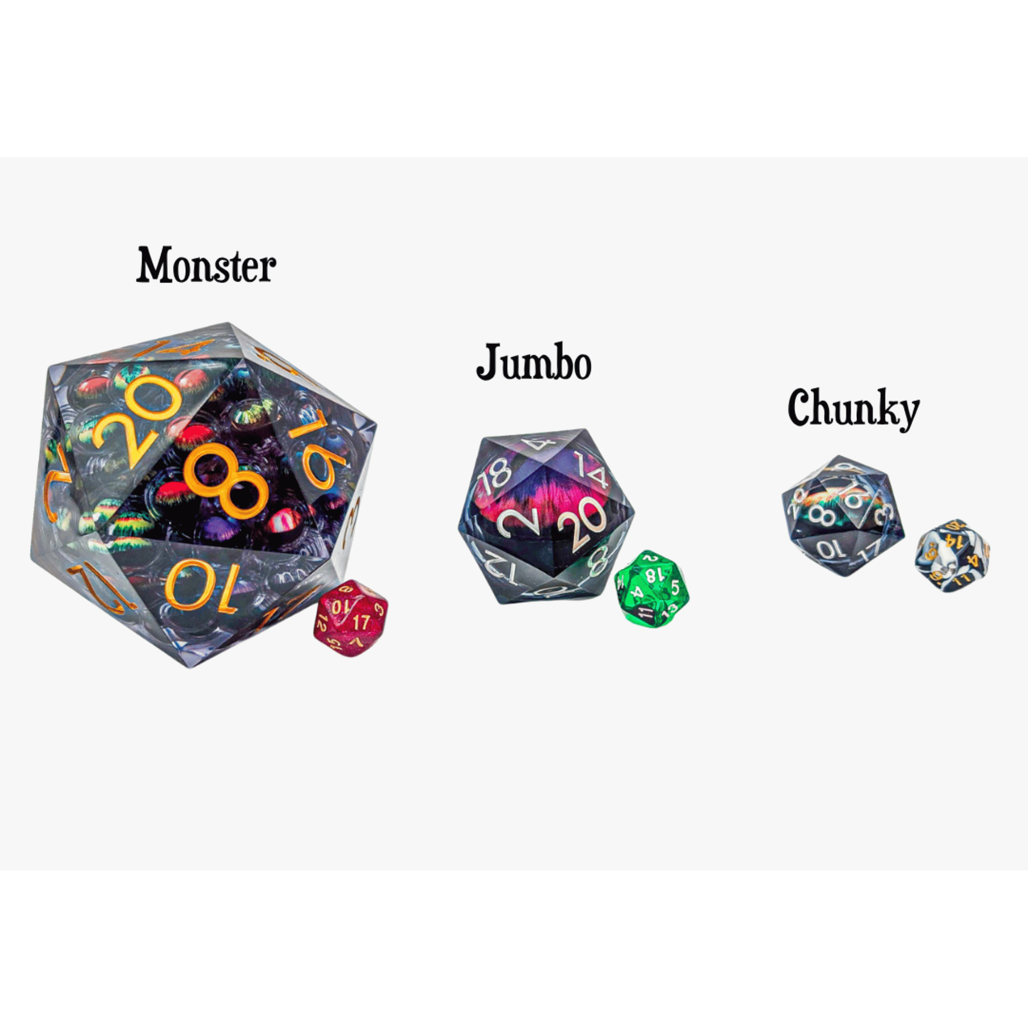 Three different sizes of polyhedral dice labeled 'Monster', 'Jumbo', and 'Chunky' on a white background.