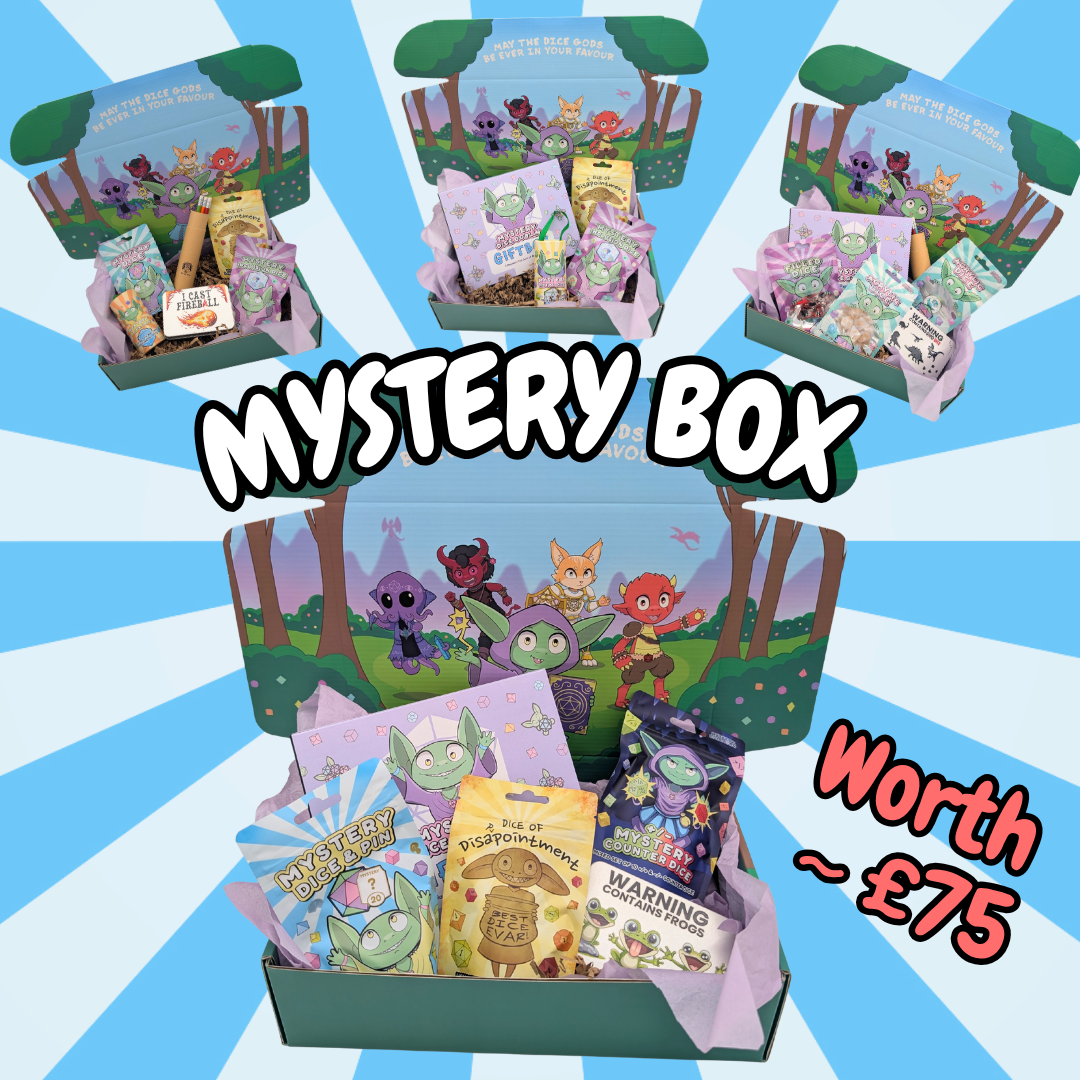 Ranging premium polyhedral dice sets and accessories inside of a cartoon booster box