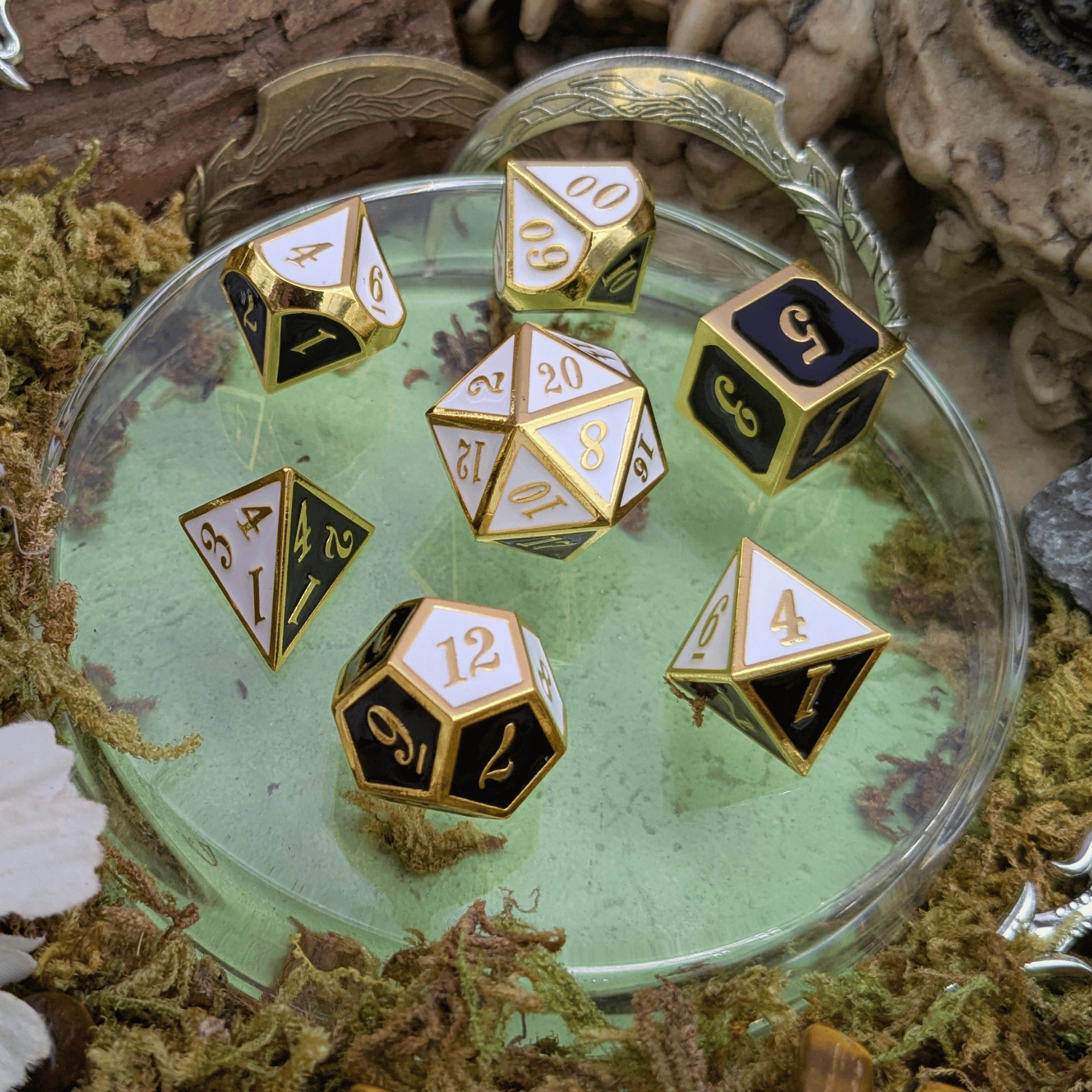 Dual Tone Black White and Gold Metal Core Dice Set