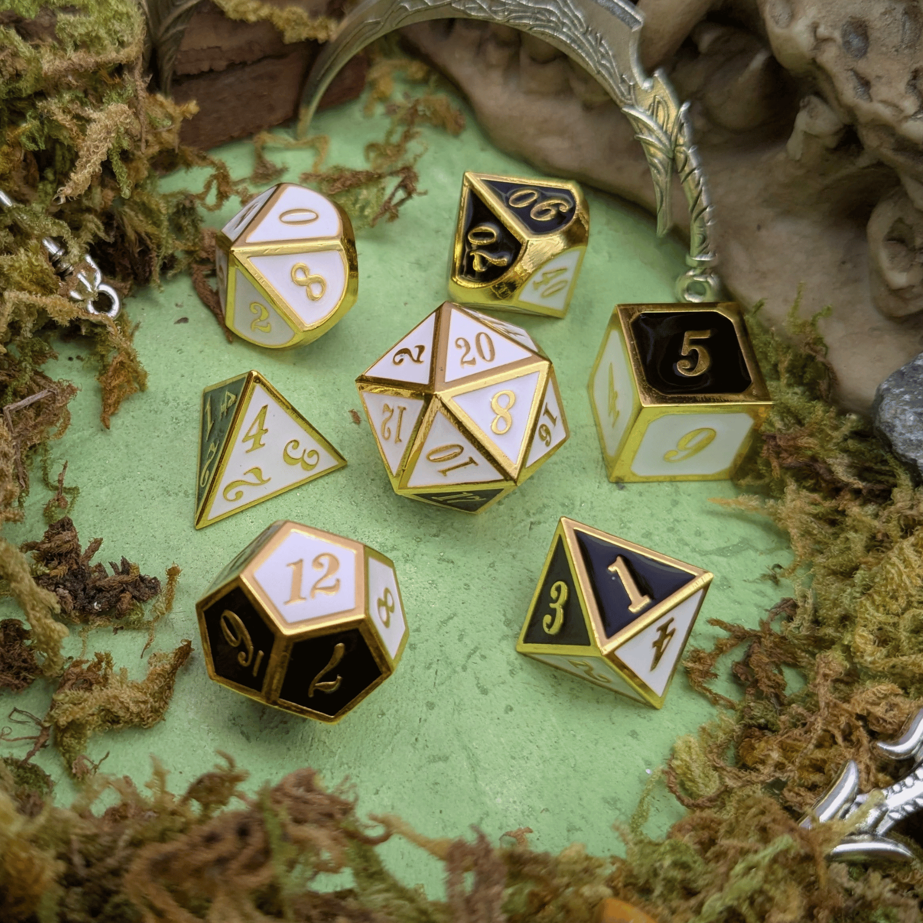 Dual Tone Black White and Gold Metal Core Dice Set