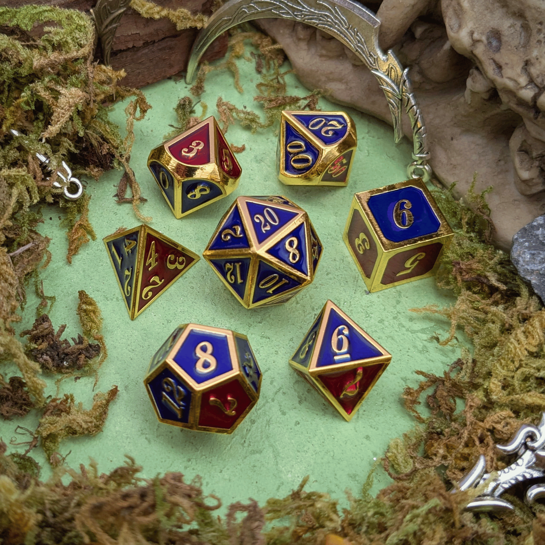 Simple Red Blue and Gold Metal Core Dice Set