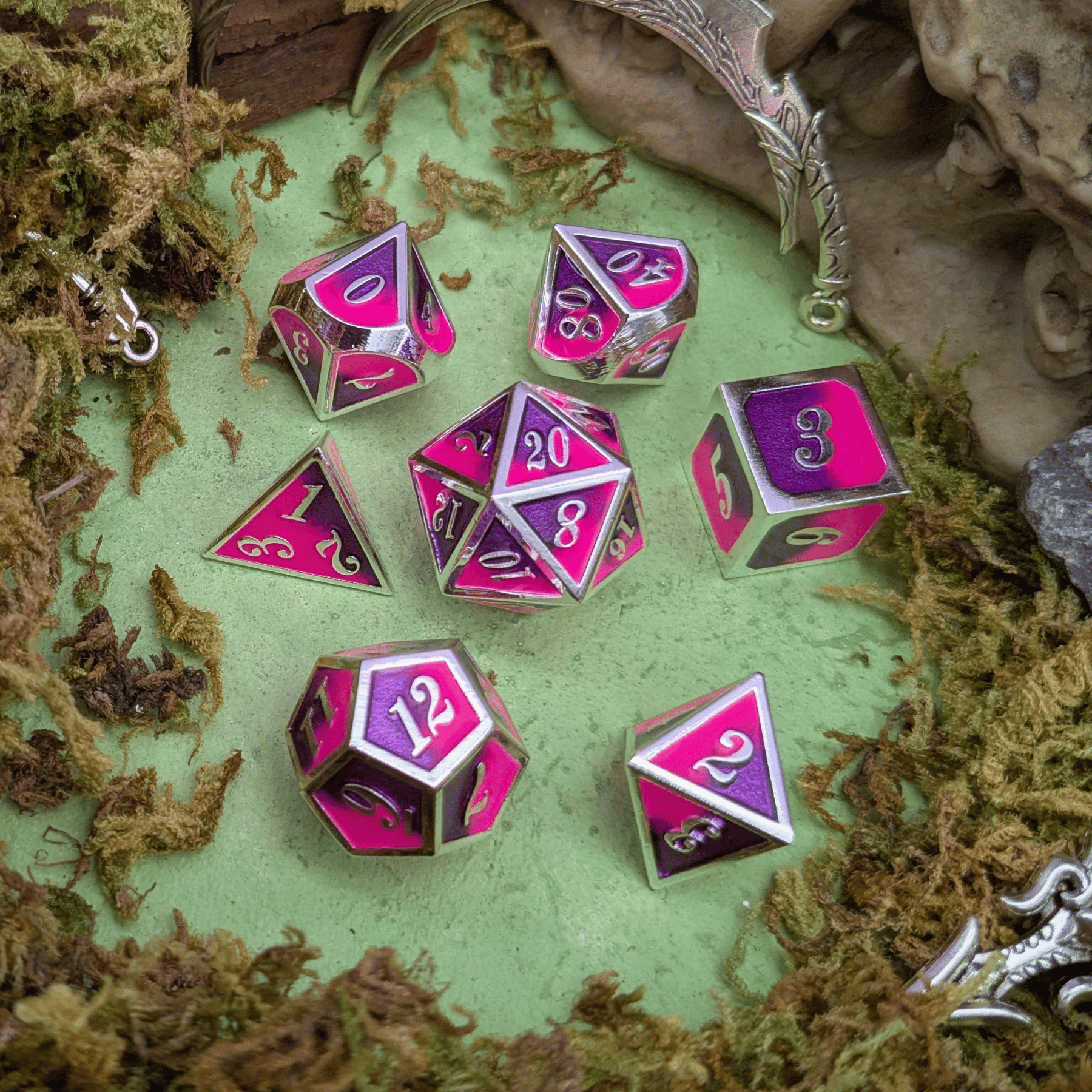 Dual Tone Pink Purple and Silver Metal Core Dice Set