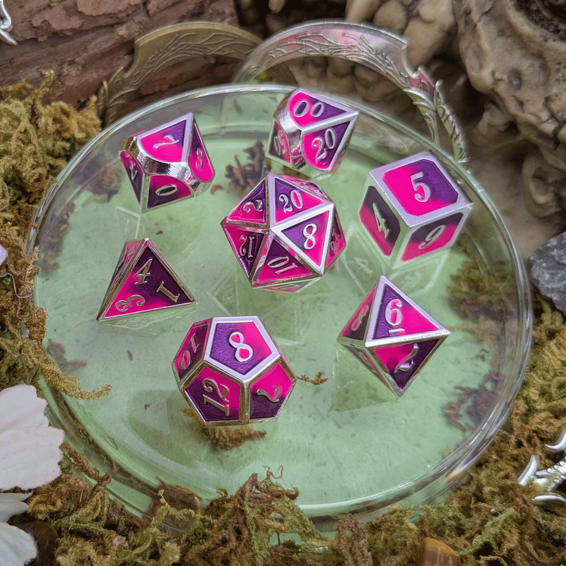 Dual Tone Pink Purple and Silver Metal Core Dice Set