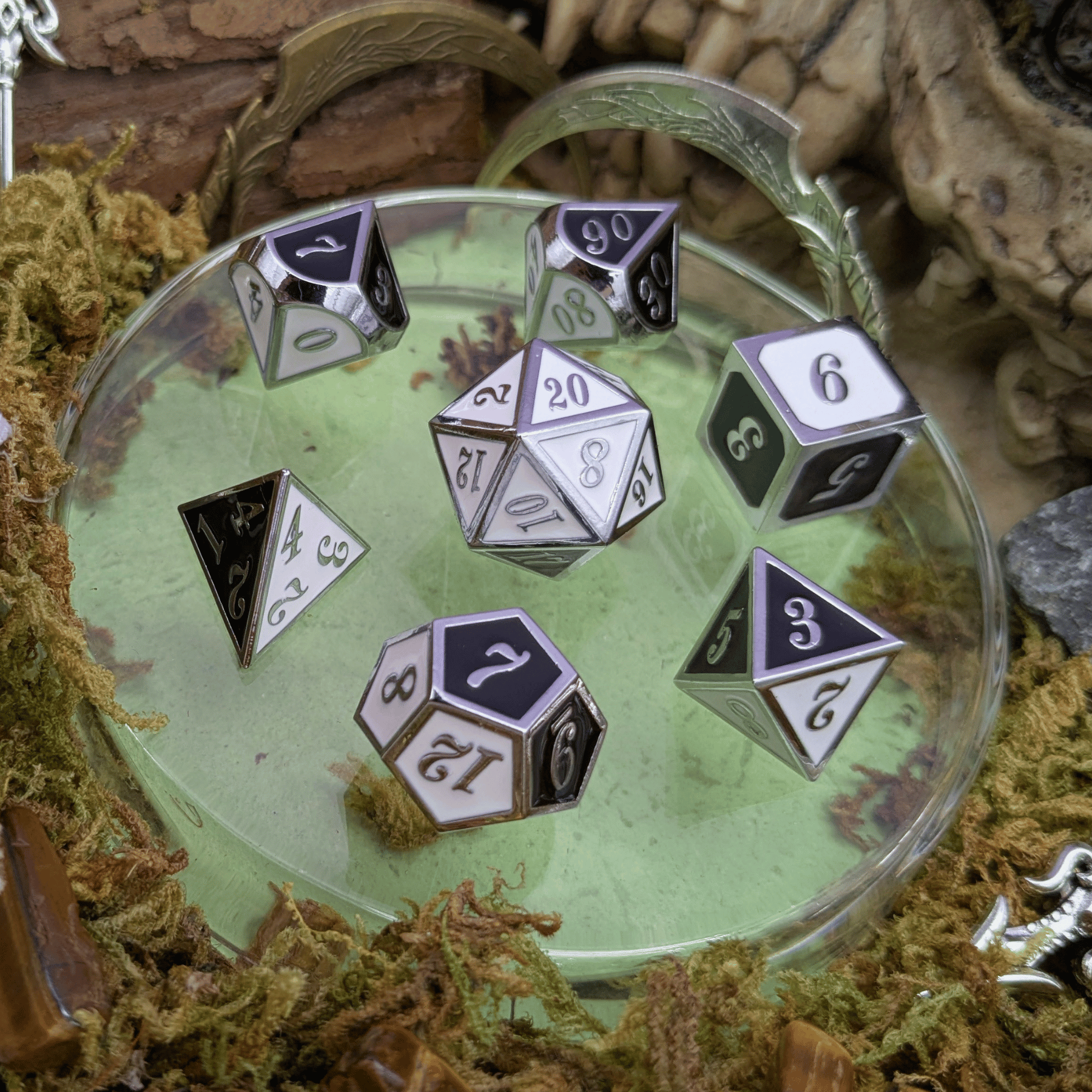 Dual Tone Black White and Silver Metal Core Dice Set