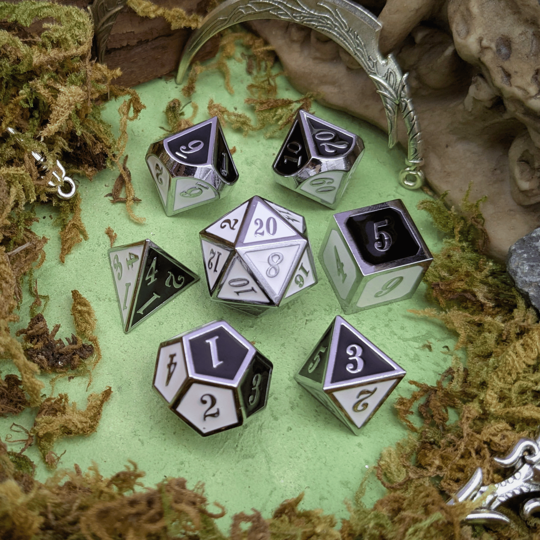Dual Tone Black White and Silver Metal Core Dice Set