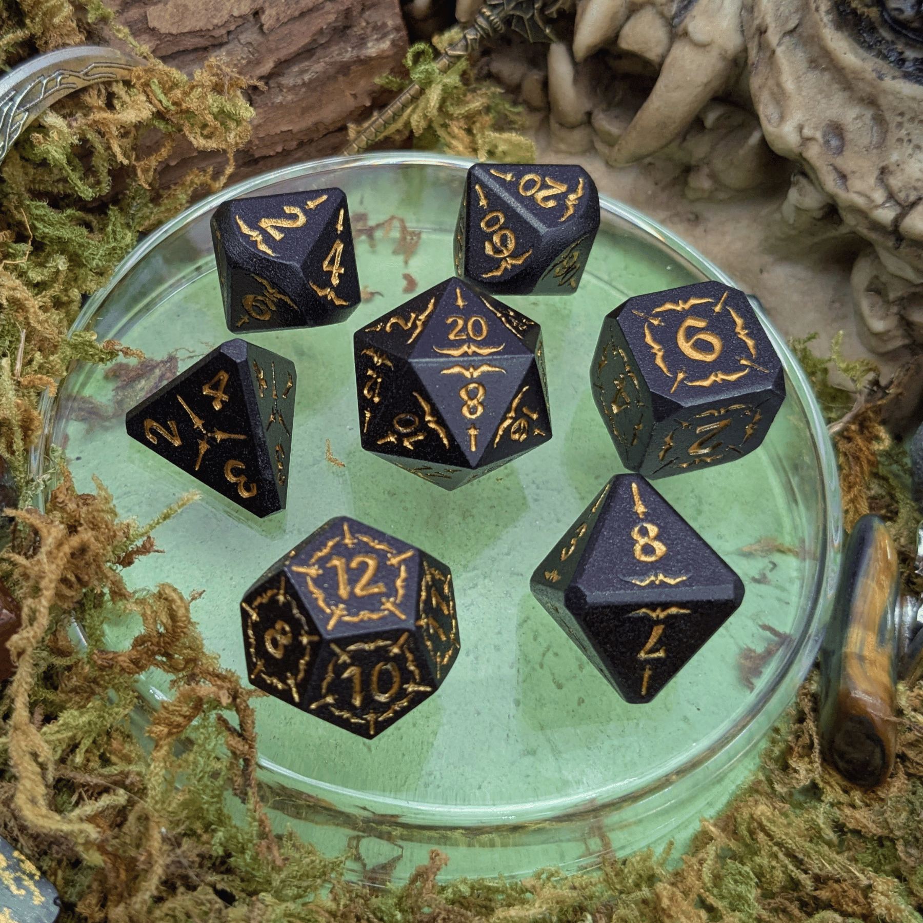 Arcana Obscura | Arcana Black and Gold Metal Dice Set