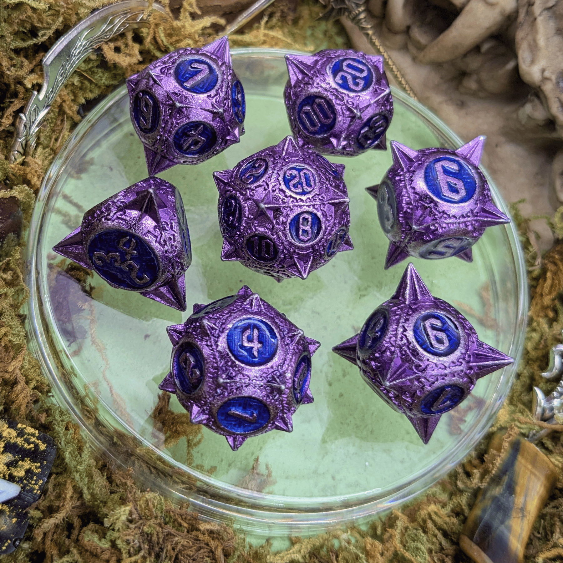 Caltrops Purple and Blue Metal Core Dice Set