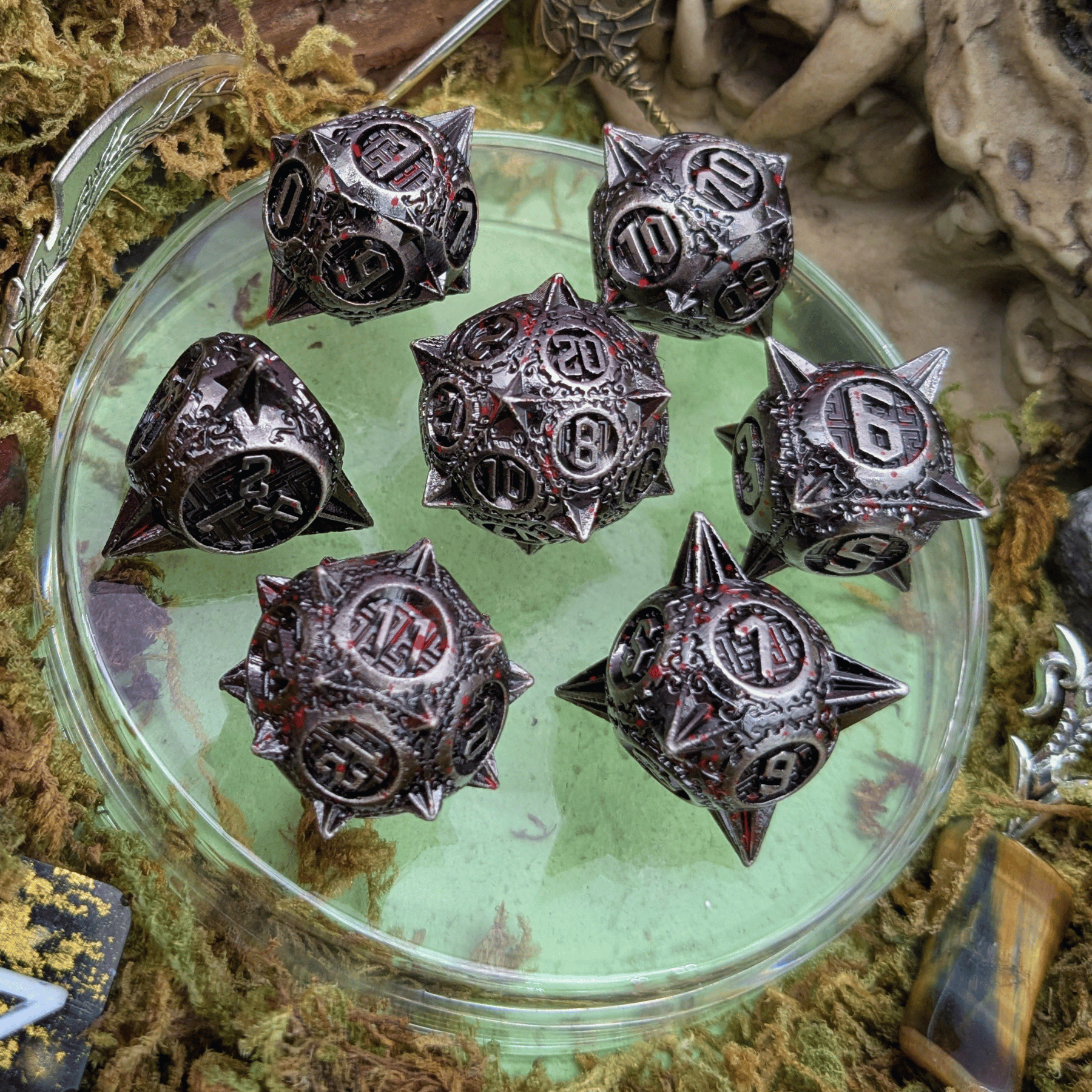 The Executioner’s Throw | Caltrops Splatter Metal Dice