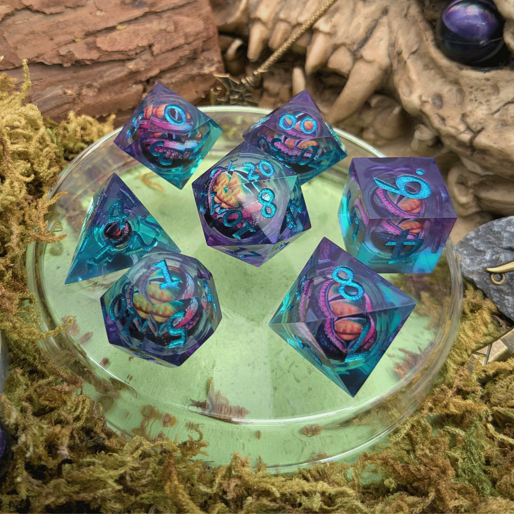 Purple Green Dragon Eye Liquid Core Dice Set