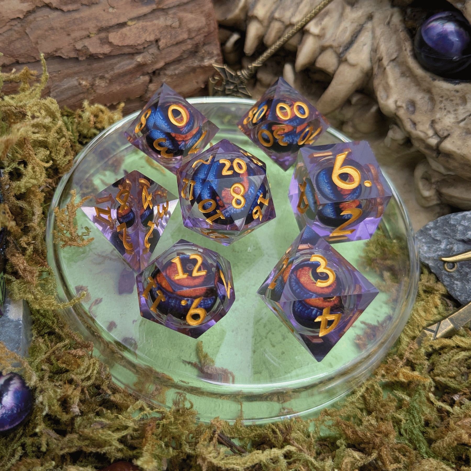 Dragon Eye Purple and Orange Liquid Core Dice Set