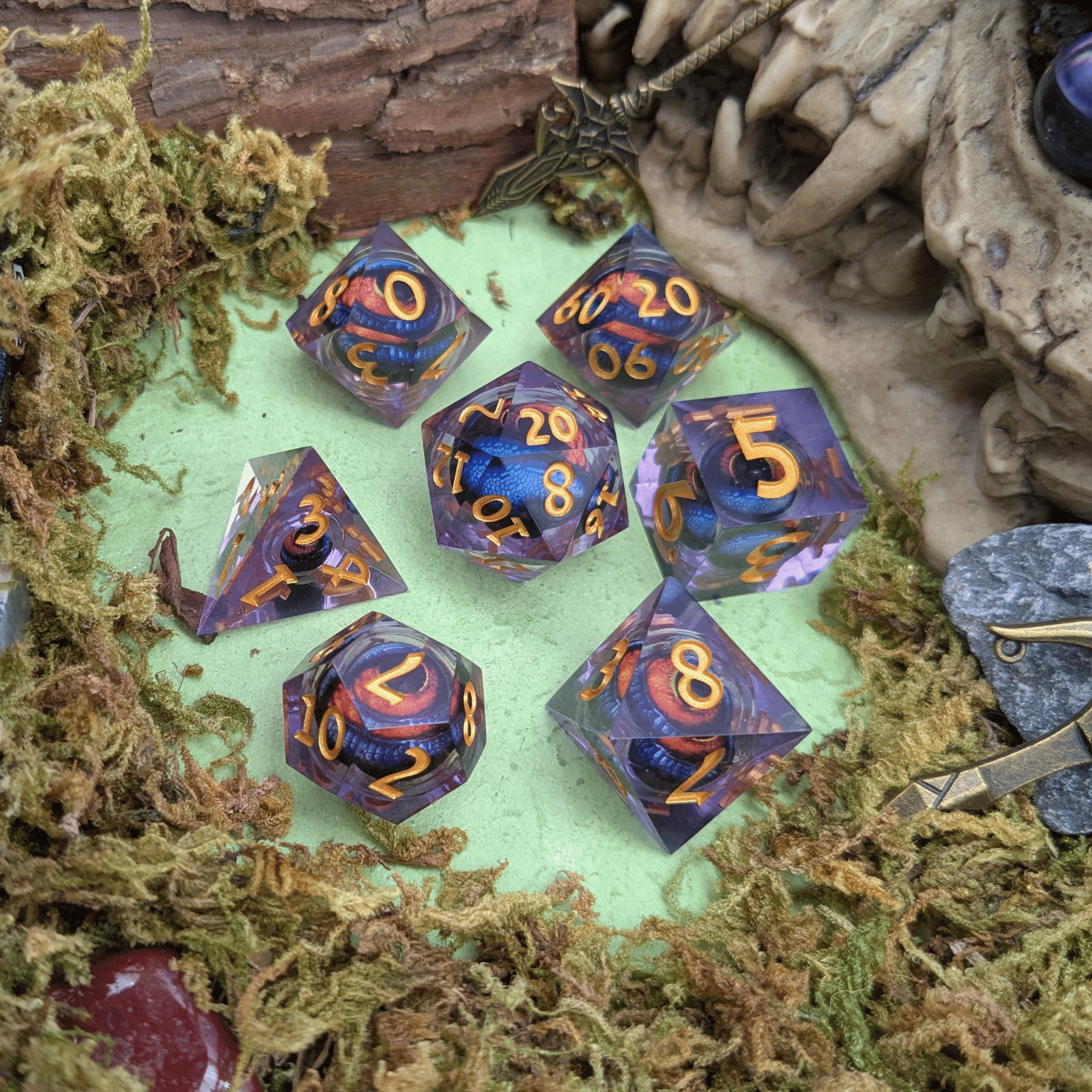 Dragon Eye Purple and Orange Liquid Core Dice Set
