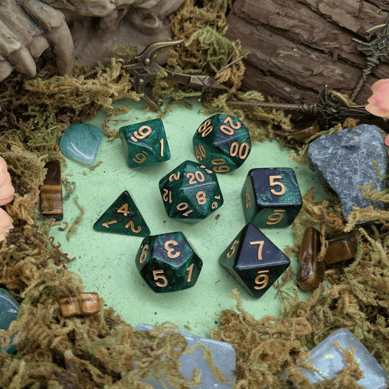 Green and Black Galaxy Dice Set