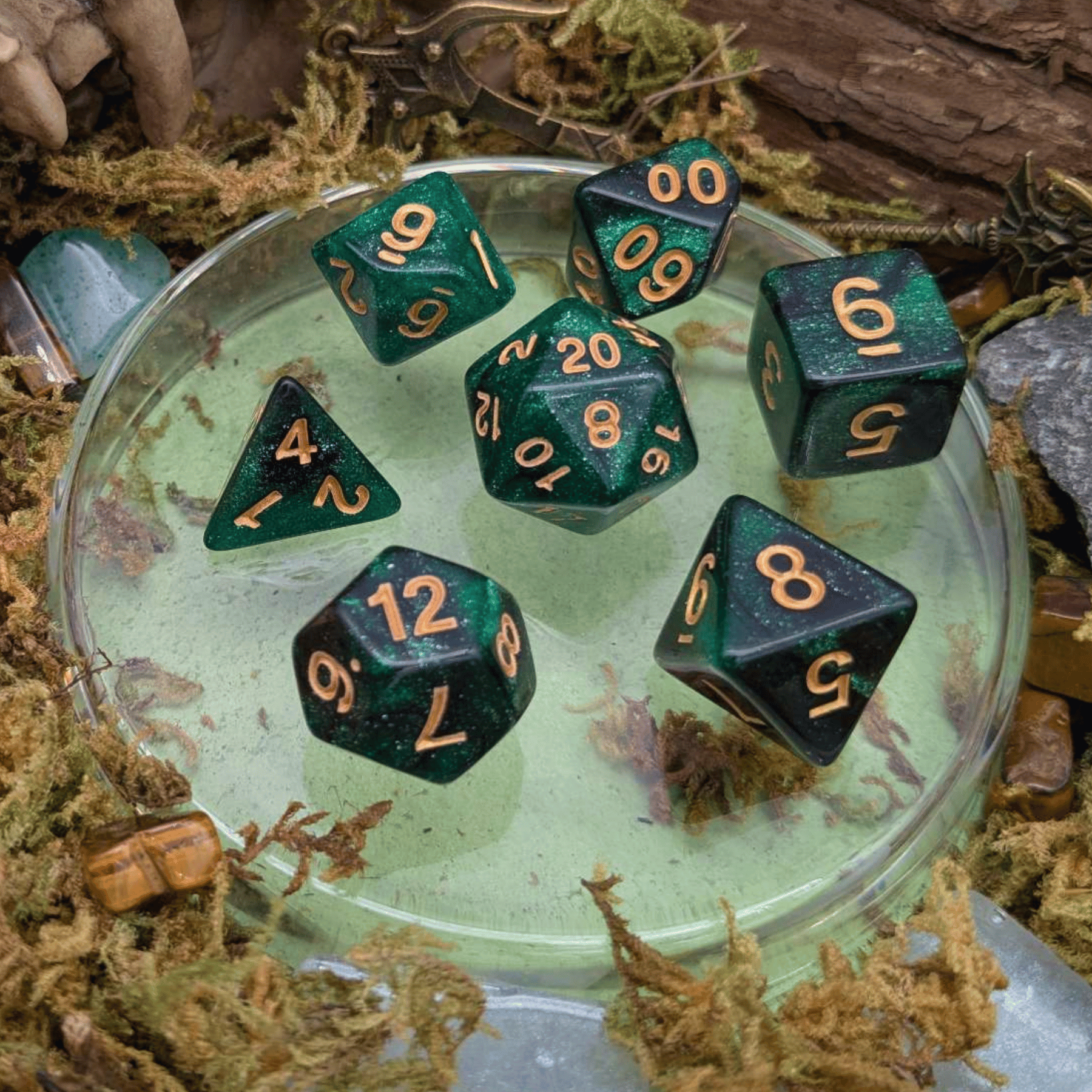Green and Black Galaxy Dice Set