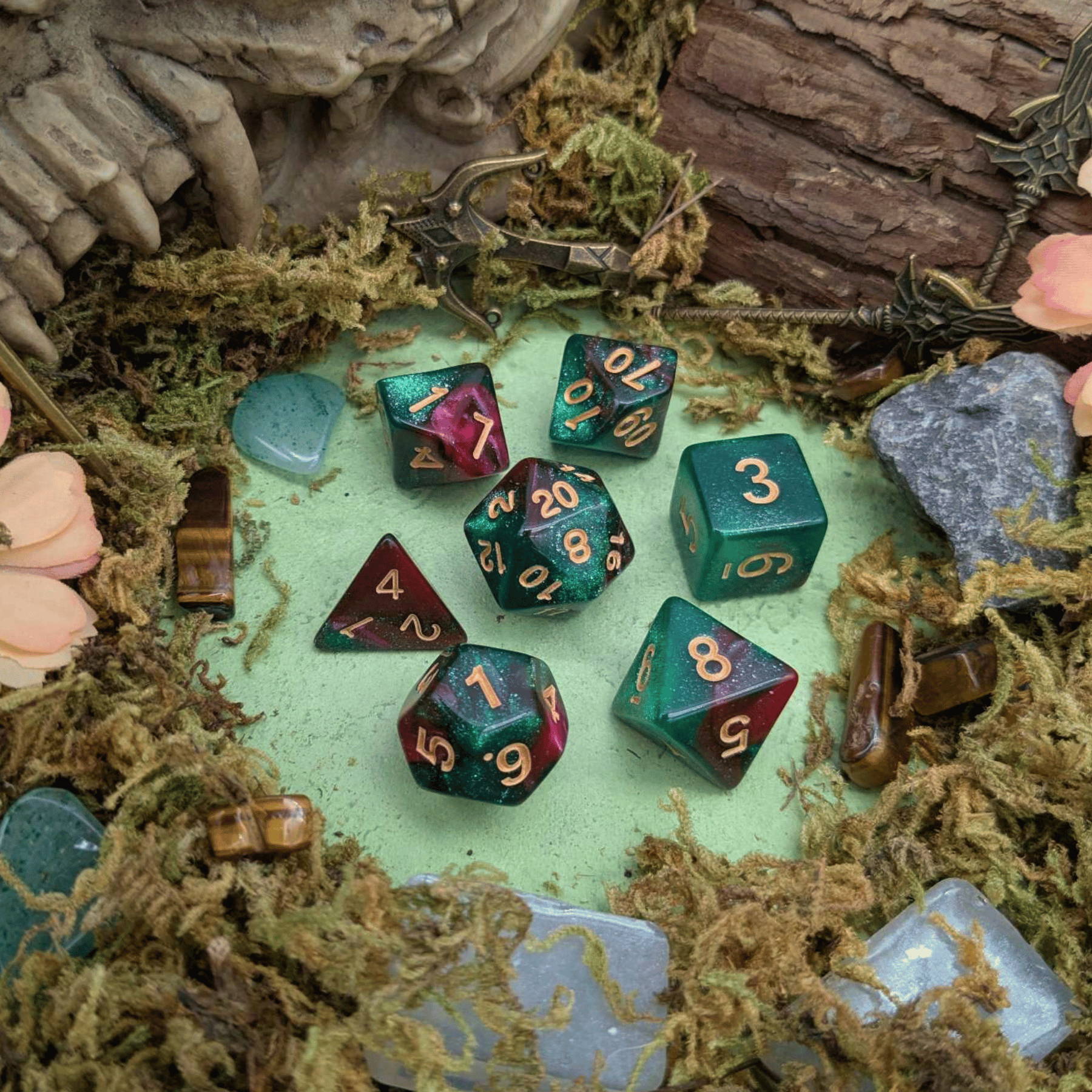 Green and Red Galaxy Dice Set