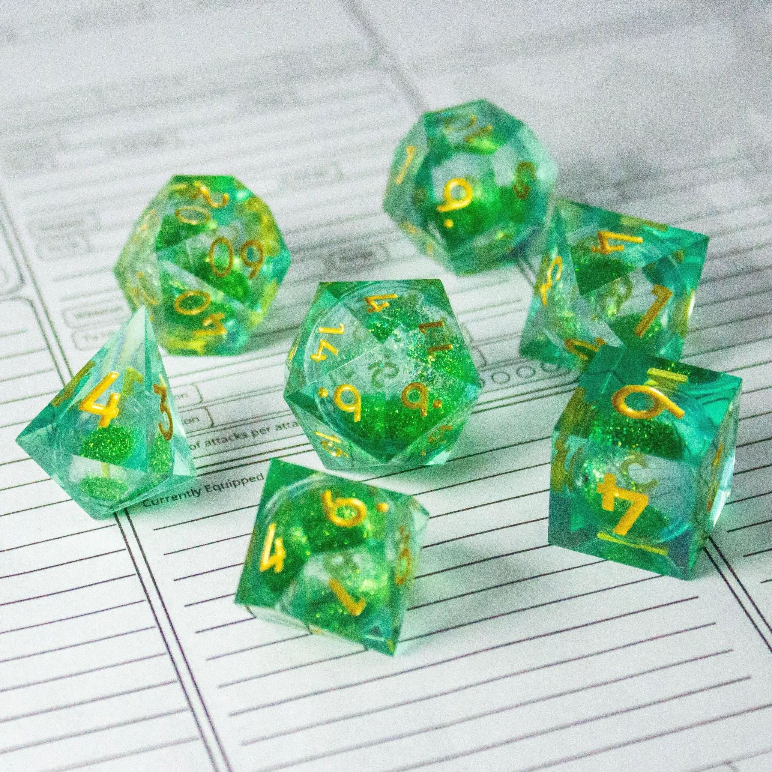 Green and Gold Shimmer Liquid Core Dice Set