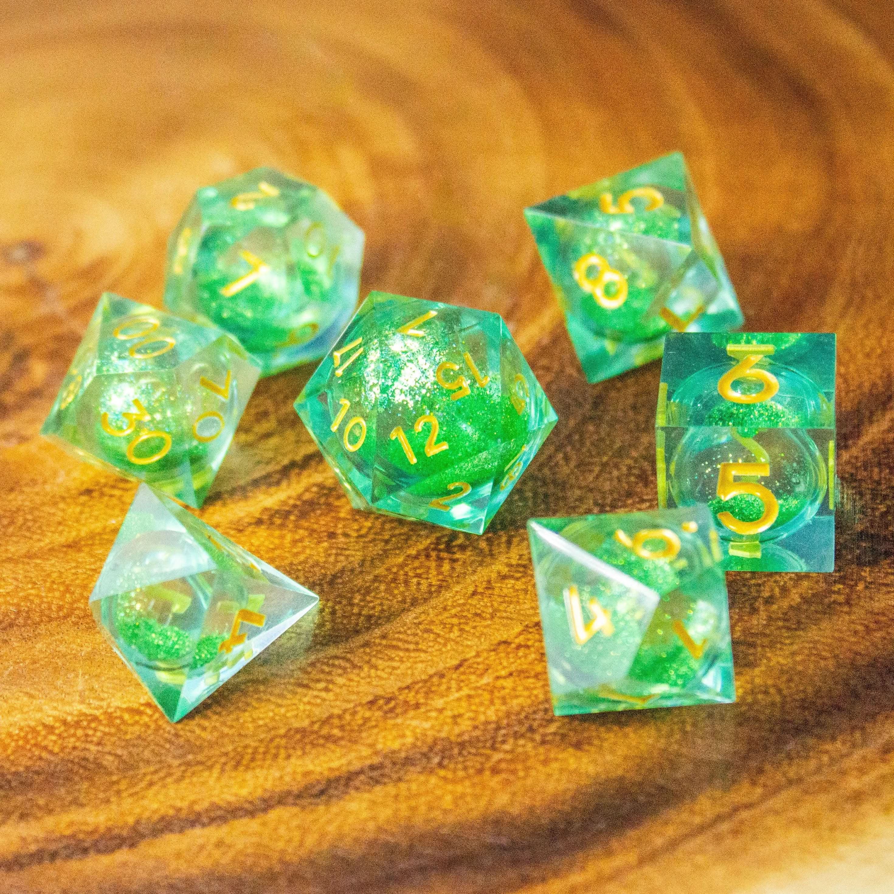 Green and Gold Shimmer Liquid Core Dice Set