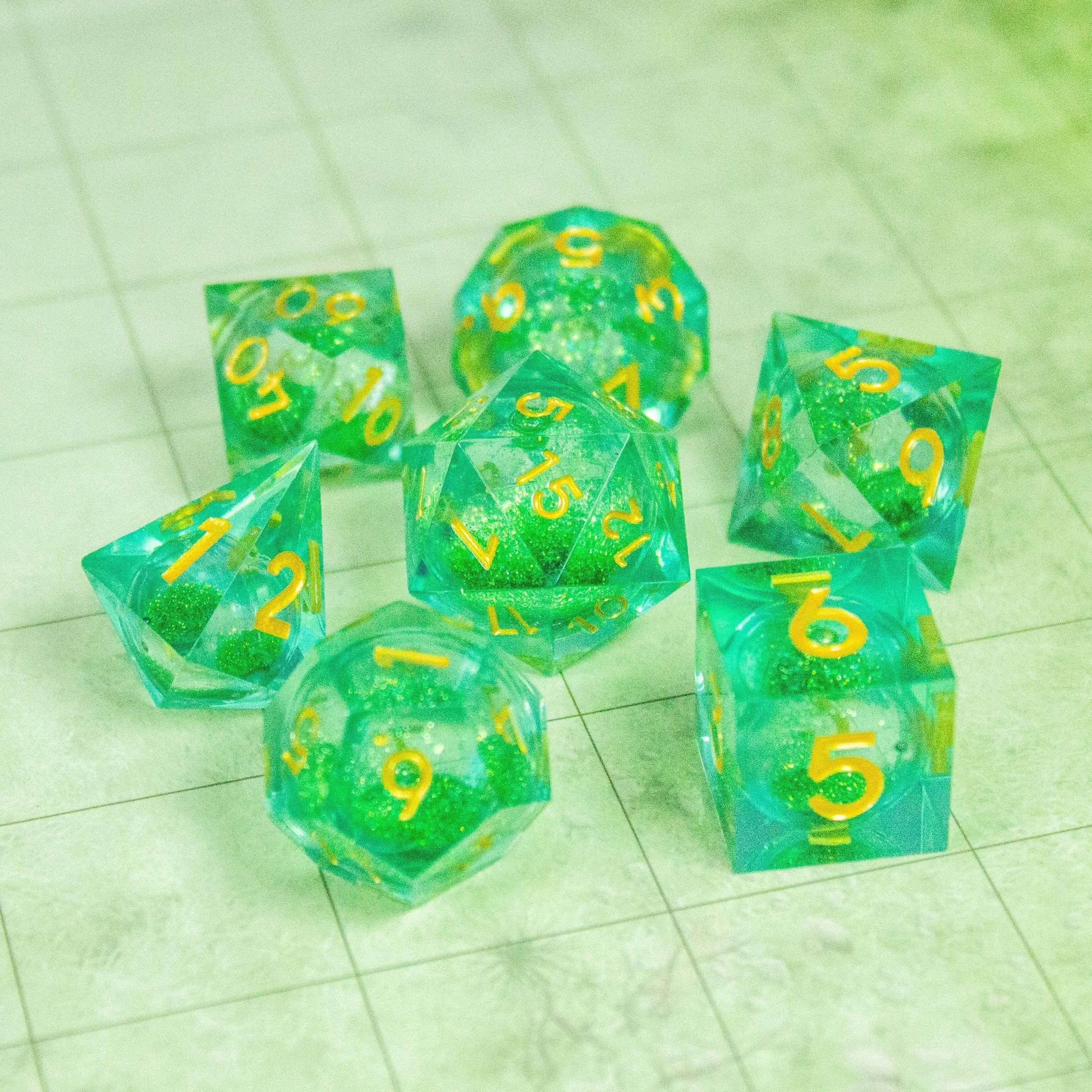 Green and Gold Shimmer Liquid Core Dice Set
