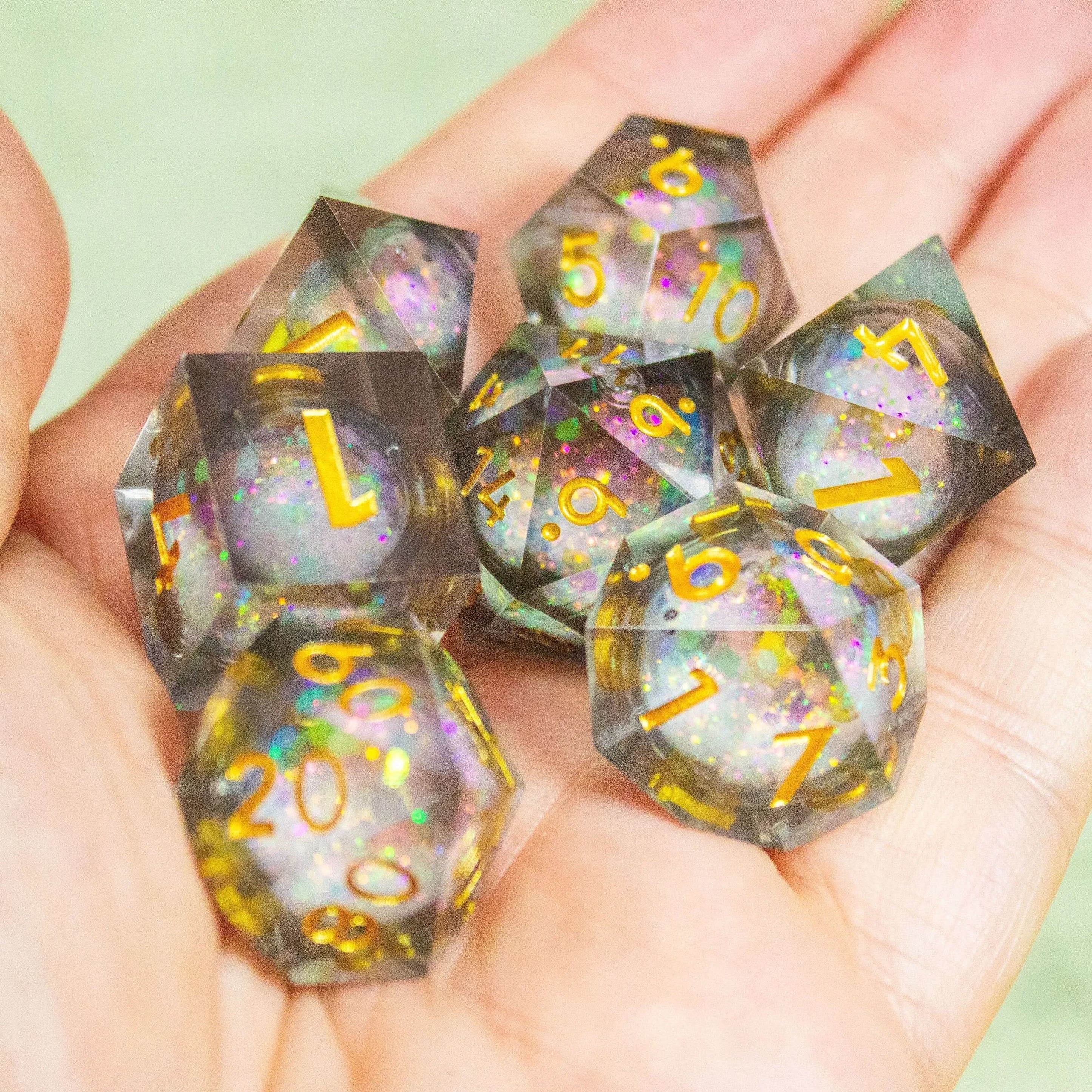 Black Multi-coloured Liquid Core Shimmer Glitter TTRPG Dice Sharp Edge Premium RPG Dice - MysteryDiceGoblins