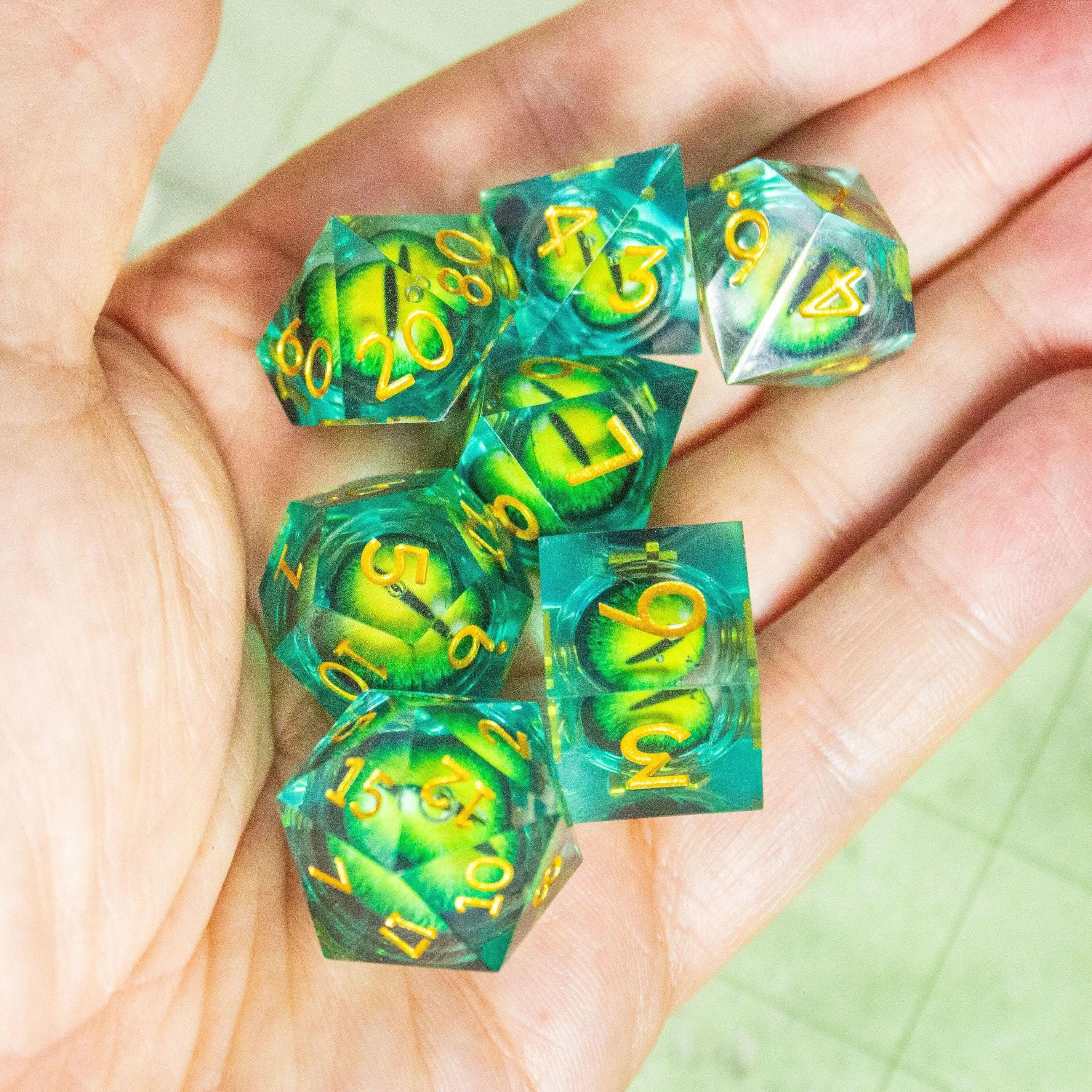 Liquid Core Moving Green Snake Eye TTRPG Dice. Sharp Edged Dice TTRPG - MysteryDiceGoblins