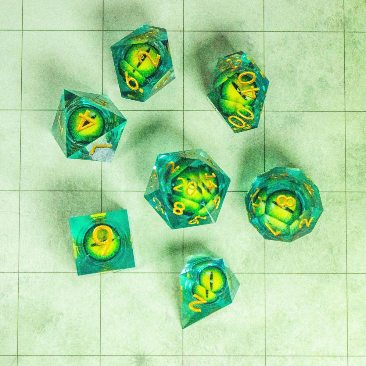 Liquid Core Moving Green Snake Eye TTRPG Dice. Sharp Edged Dice TTRPG - MysteryDiceGoblins