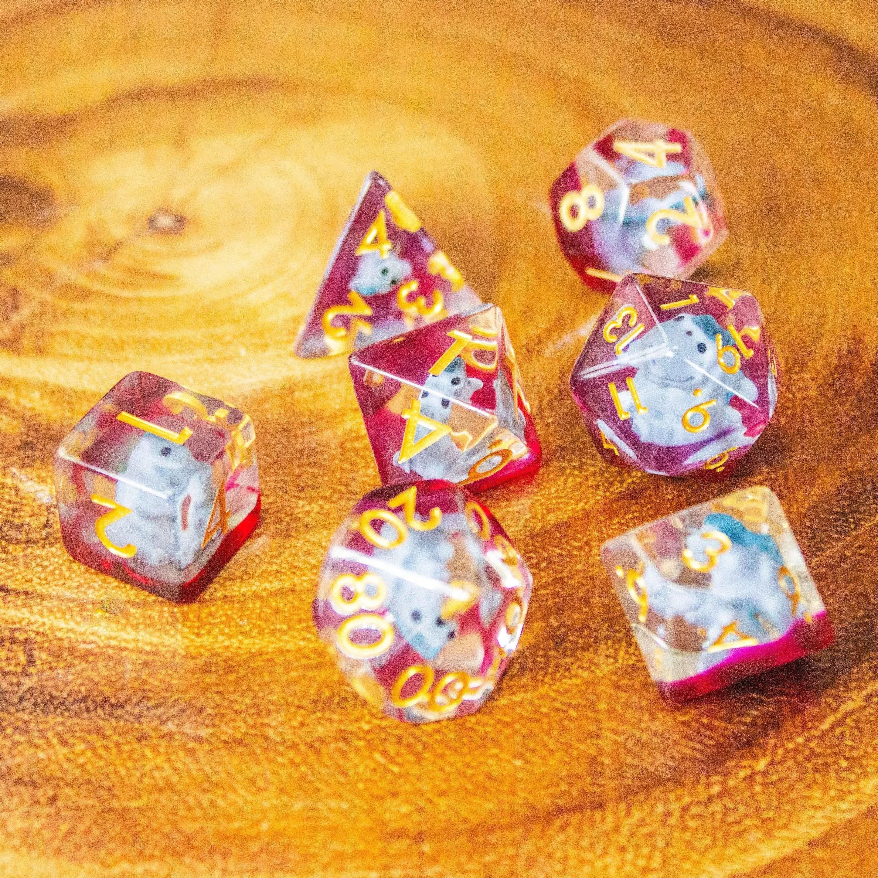 Blue Dinosaurs TTRPG Filled Dice Set| Transparent See through Dice (7) | Polyhedral Dice - MysteryDiceGoblins