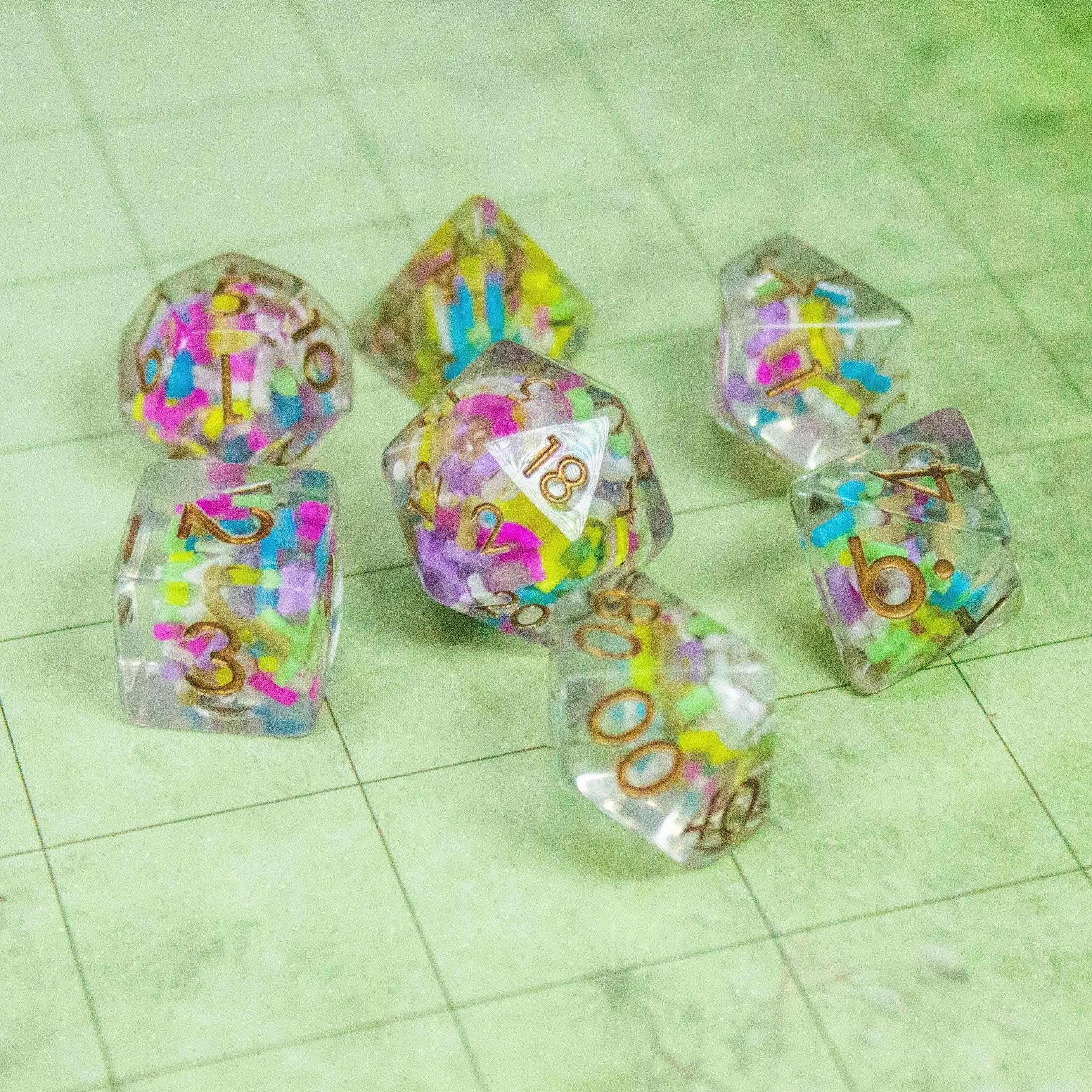 Funfetti TTRPG Dice Set| Transparent See through Dice (7) | Polyhedral Dice - MysteryDiceGoblins